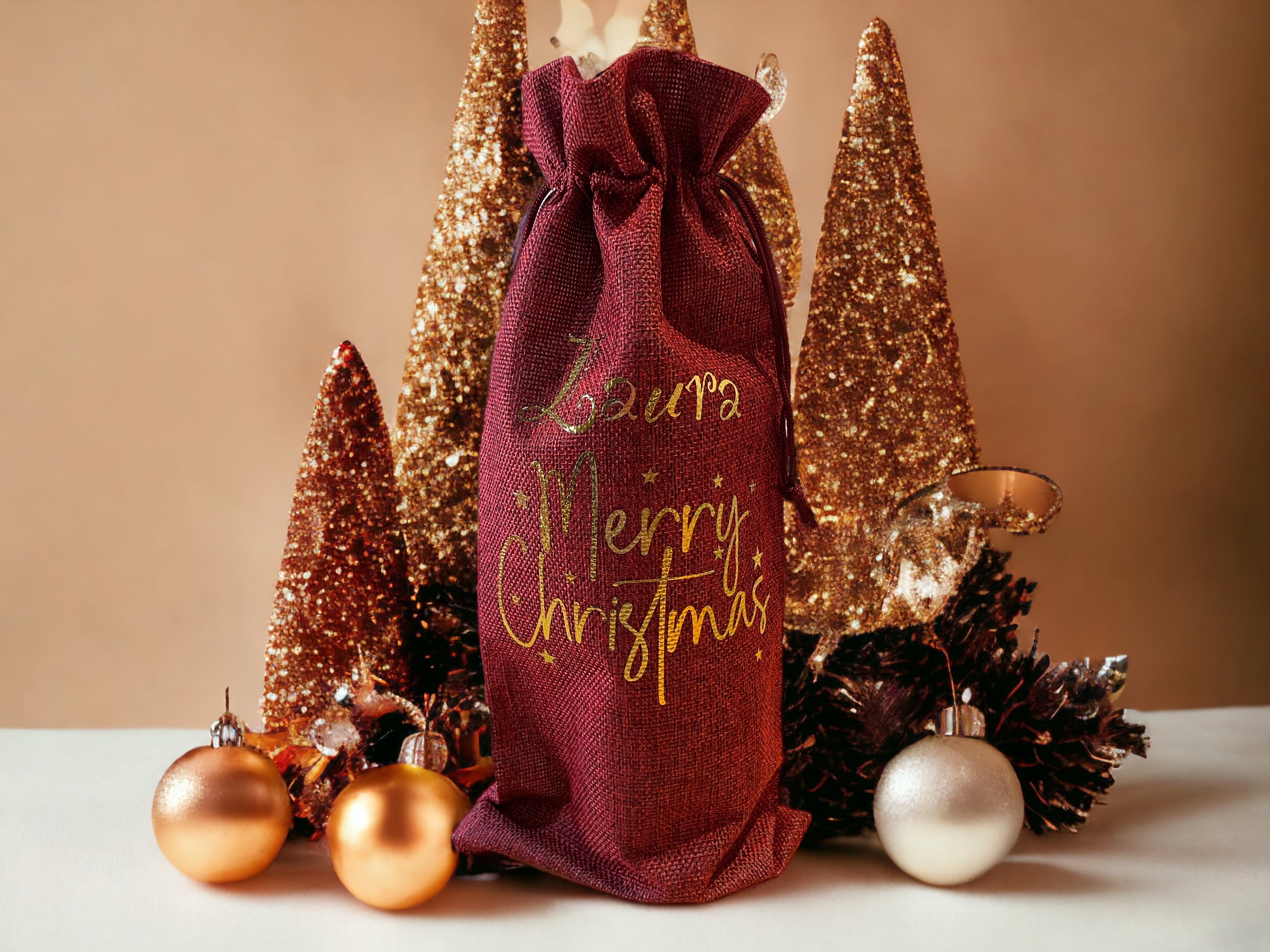 Personalised Christmas Wine Bag | Festive Bottle Gift Bag with Custom Name
