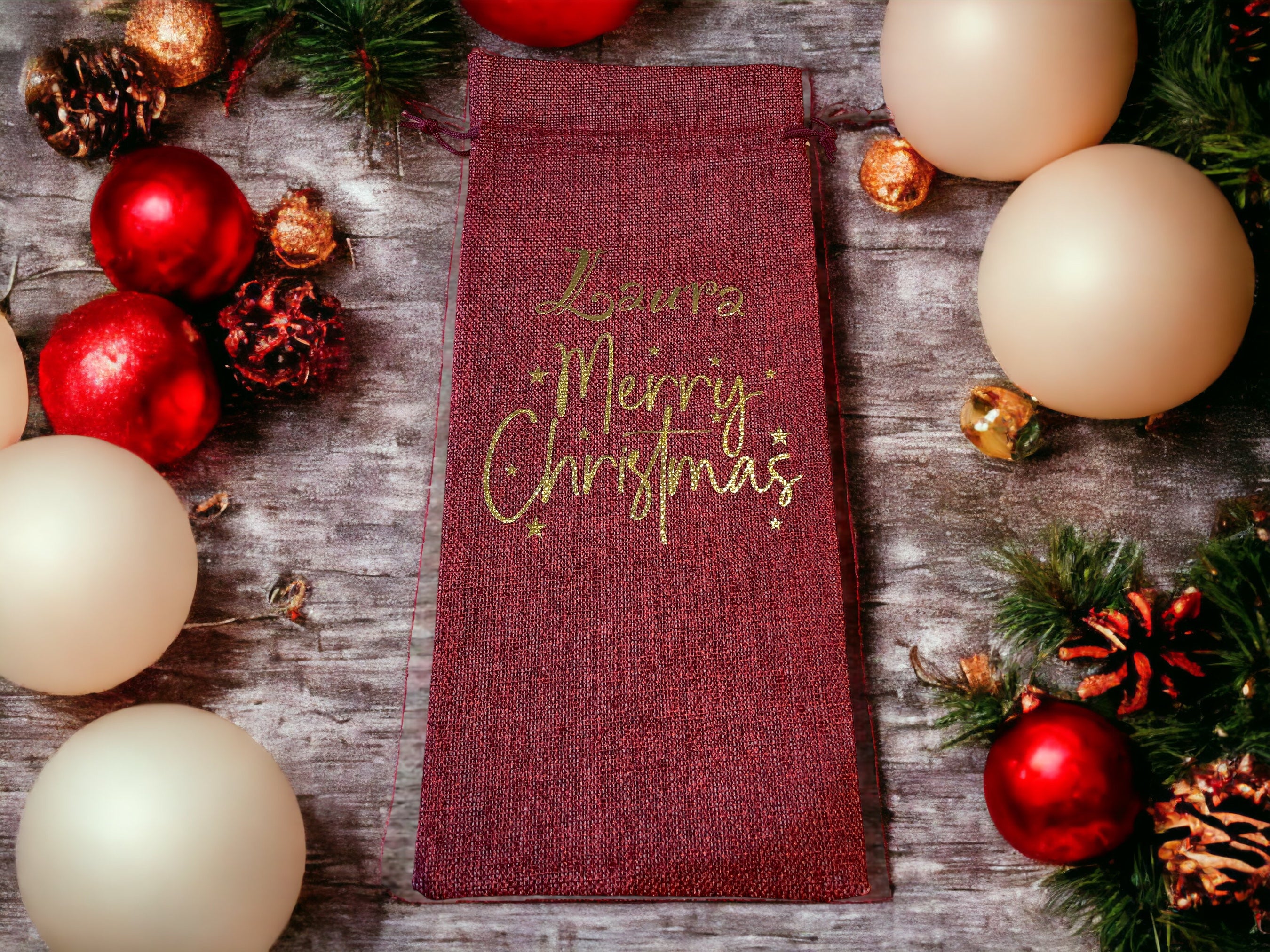 Personalised Christmas Wine Bag | Festive Bottle Gift Bag with Custom Name