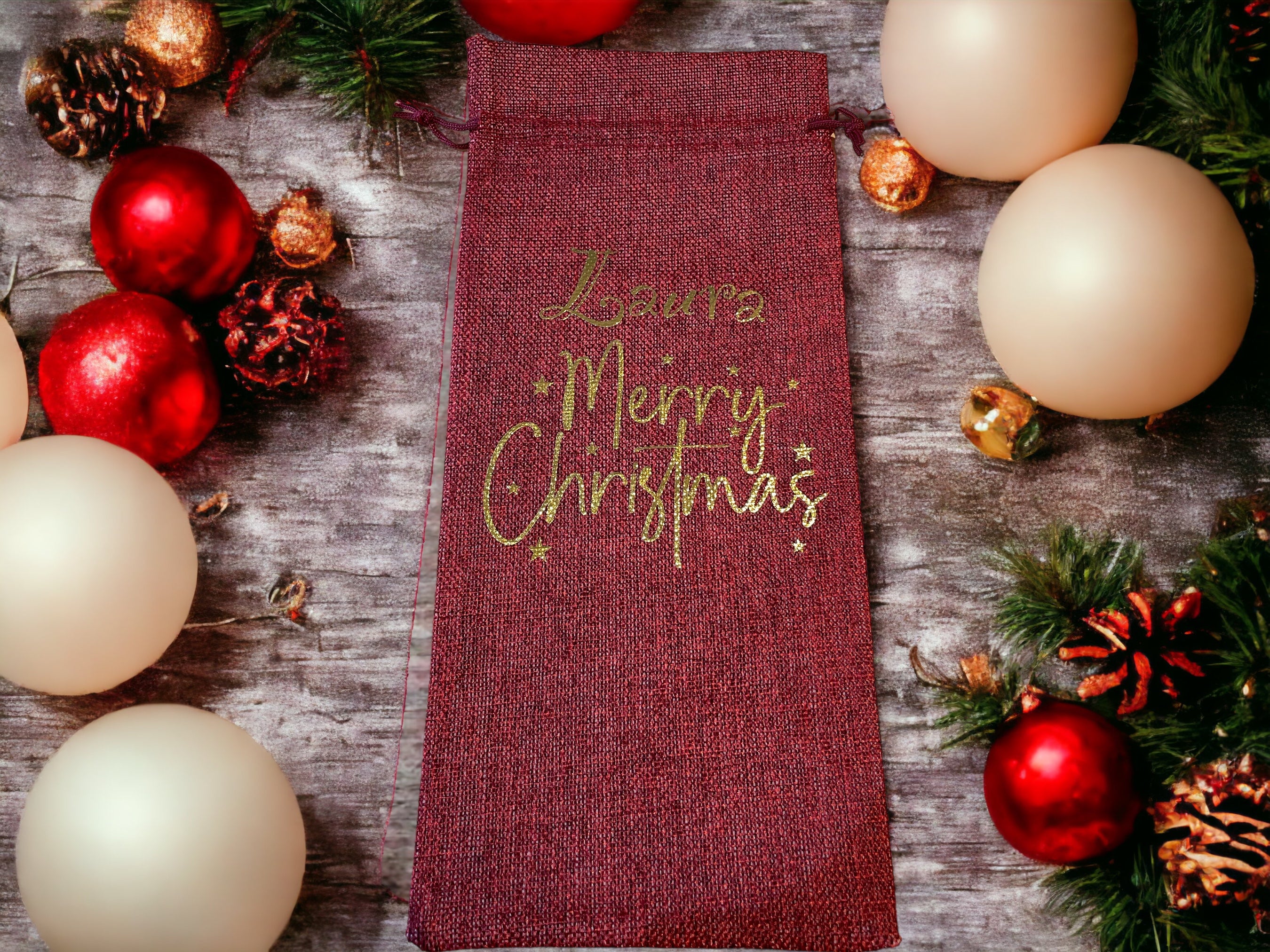 Personalised Christmas Wine Bag | Festive Bottle Gift Bag with Custom Name