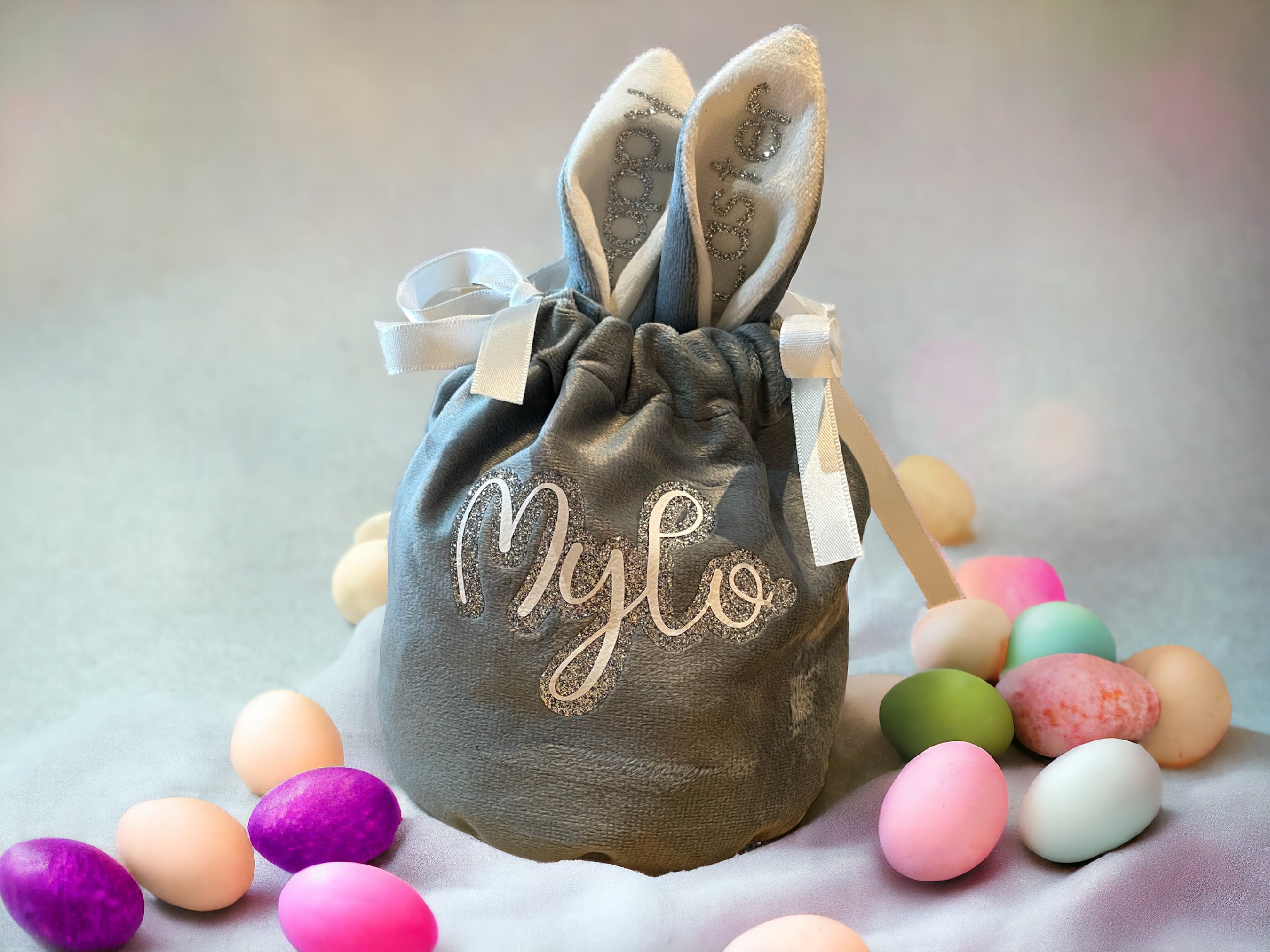 Personalised Easter Treat Bag with Bunny Ears – Custom Name Easter Gift Bag for Kids