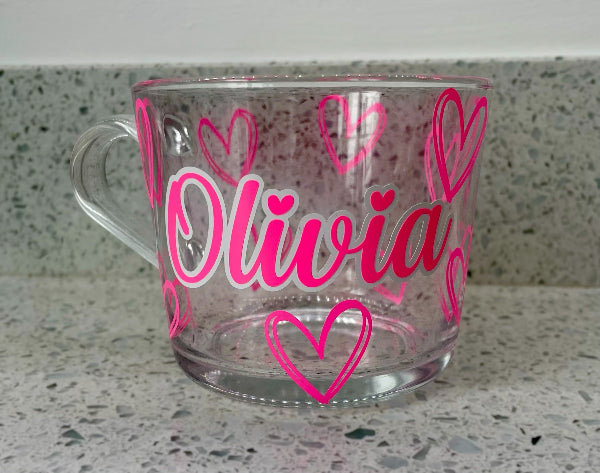 Personalised Glass Mug with Hearts – Custom Name Gift for Her