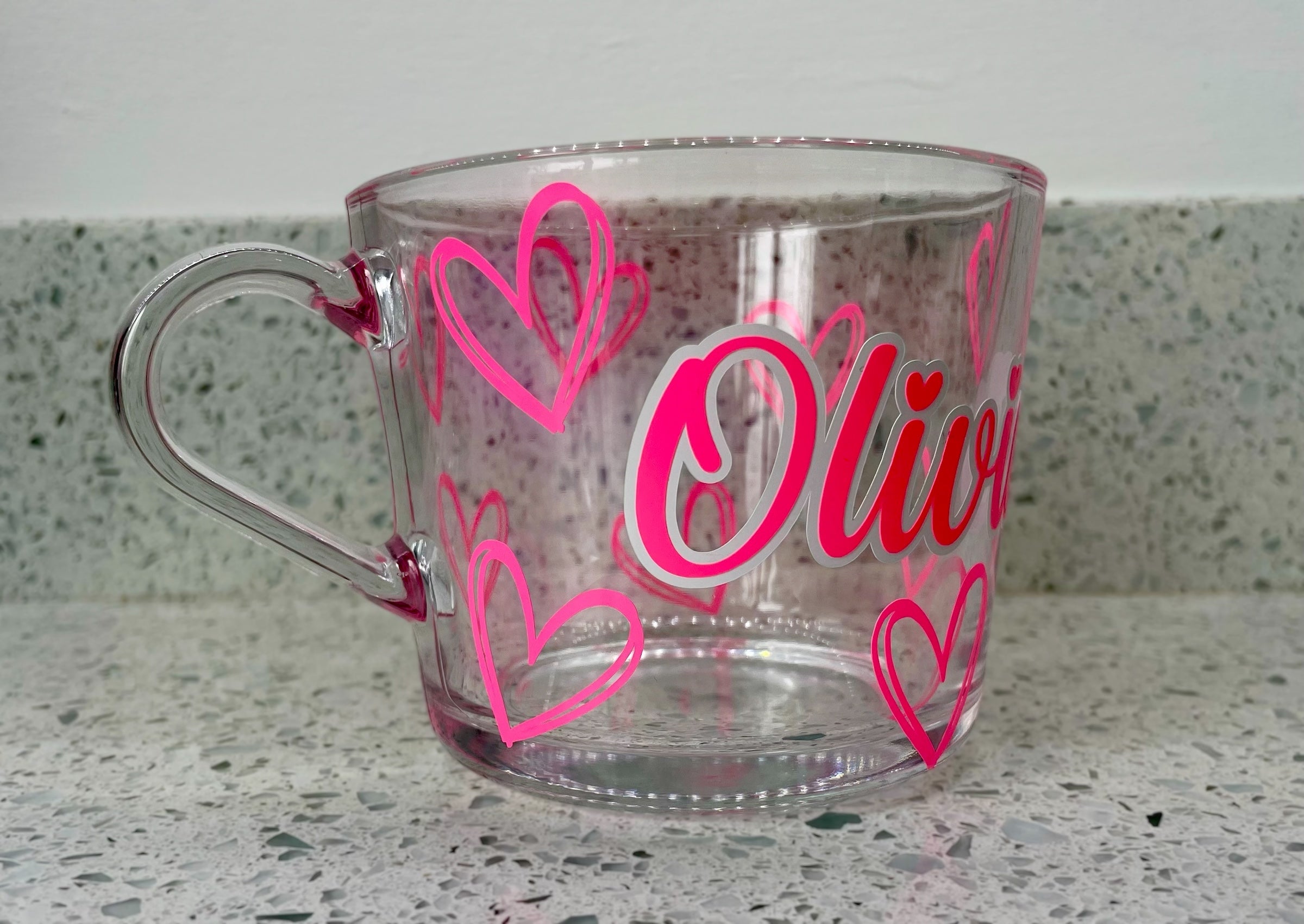 Personalised Glass Mug with Hearts – Custom Name Gift for Her