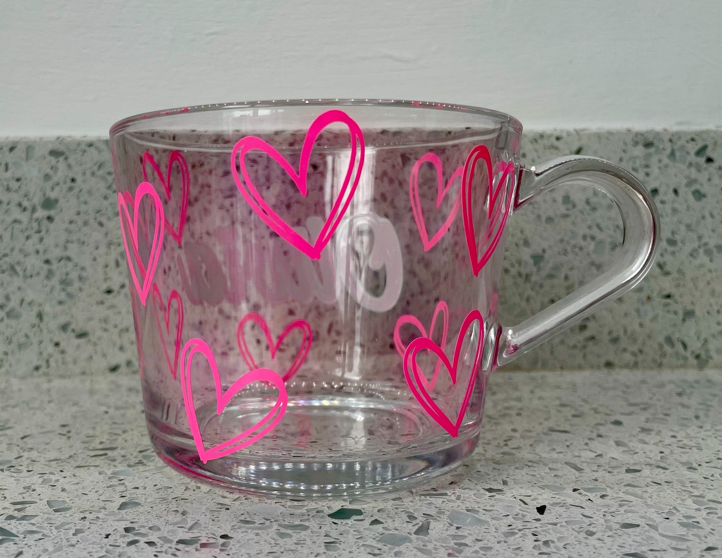 Personalised Glass Mug with Hearts – Custom Name Gift for Her