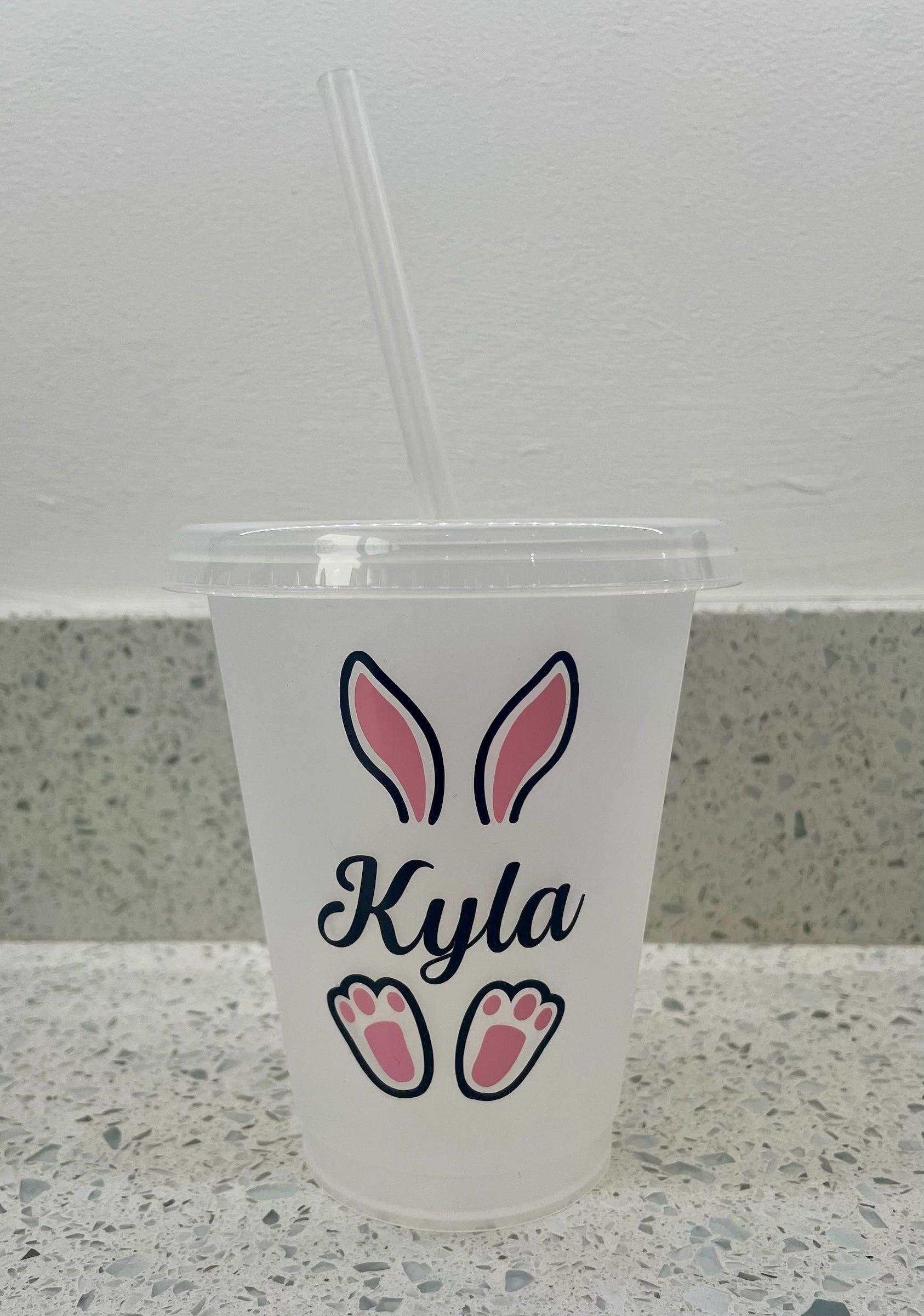 Personalised Easter Bunny Cold Cup – Custom Name 16oz Reusable Cup with Straw