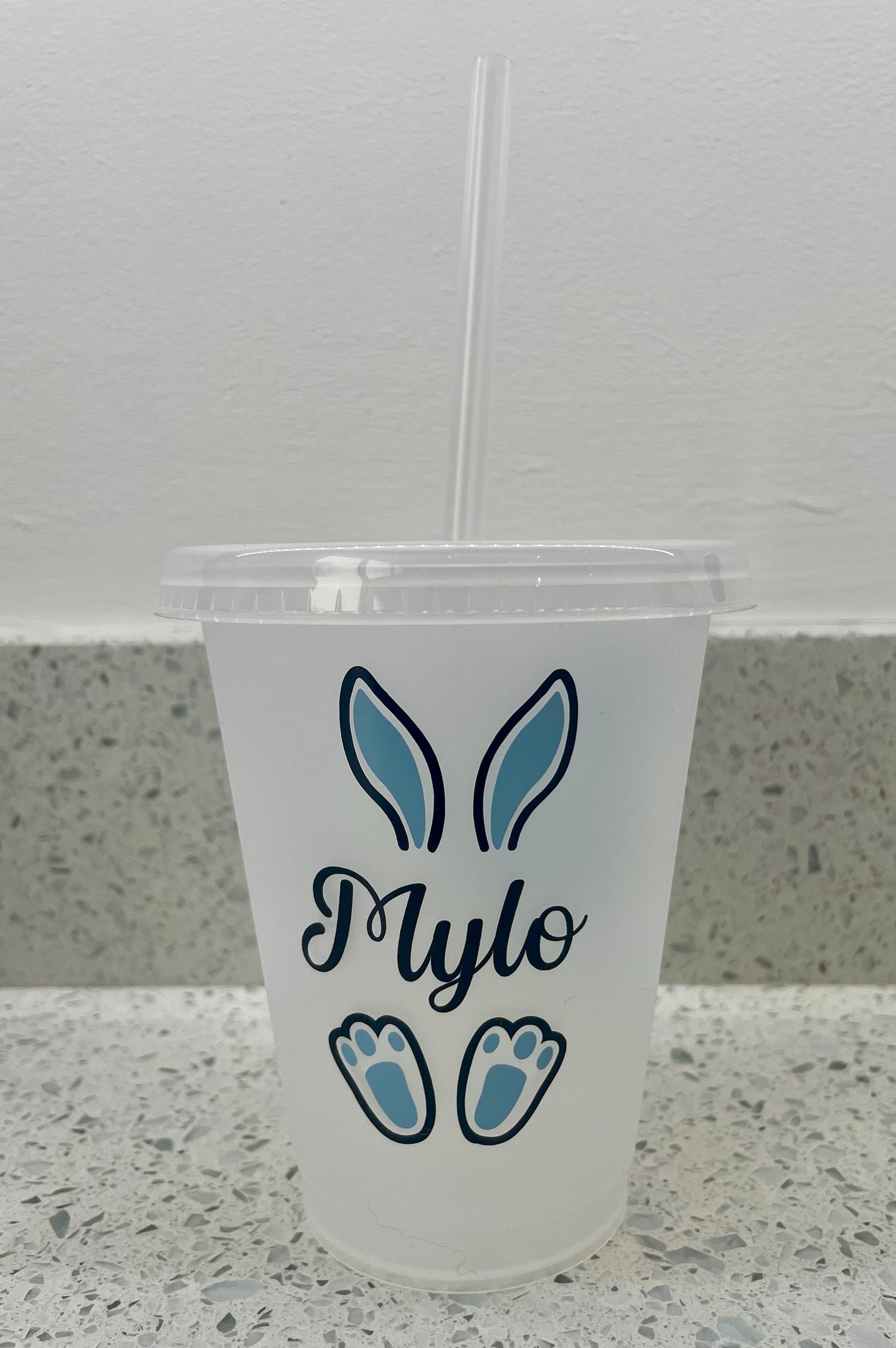 Personalised Easter Bunny Cold Cup – Custom Name 16oz Reusable Cup with Straw