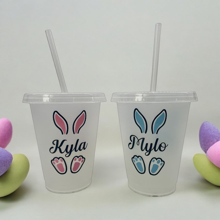 Personalised Easter Bunny Cold Cup – Custom Name 16oz Reusable Cup with Straw