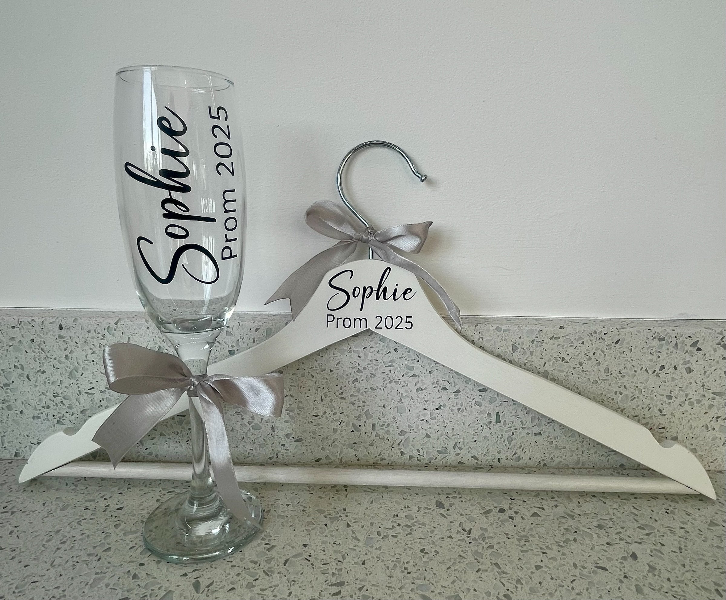 Personalised Prom Hanger & Champagne Flute Set – Custom Name & Year Keepsake Gift