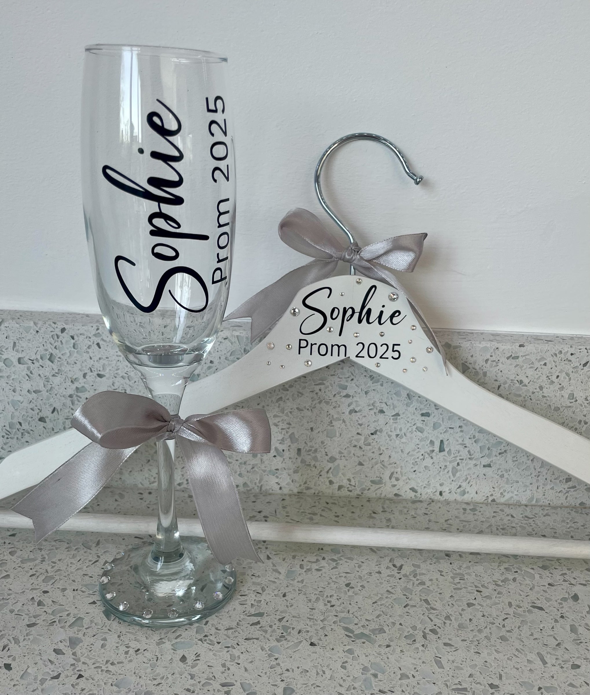 Personalised Prom Hanger & Champagne Flute Set – Custom Name & Year Keepsake Gift