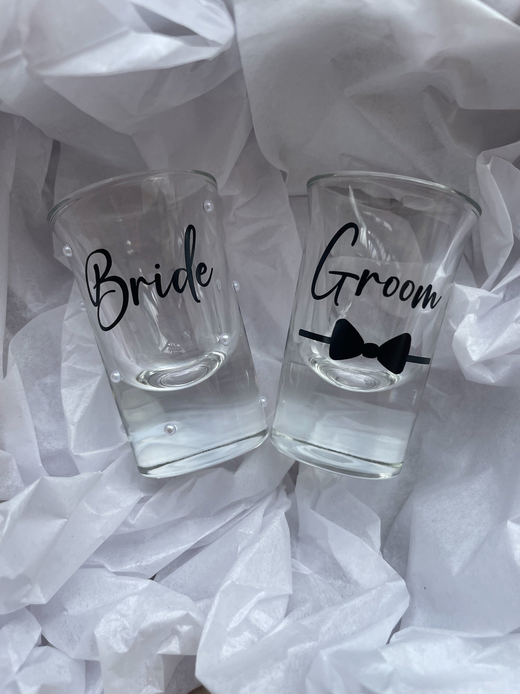 Personalised Bride & Groom Shot Glass Set | Custom Wedding Toast Keepsake Glasses
