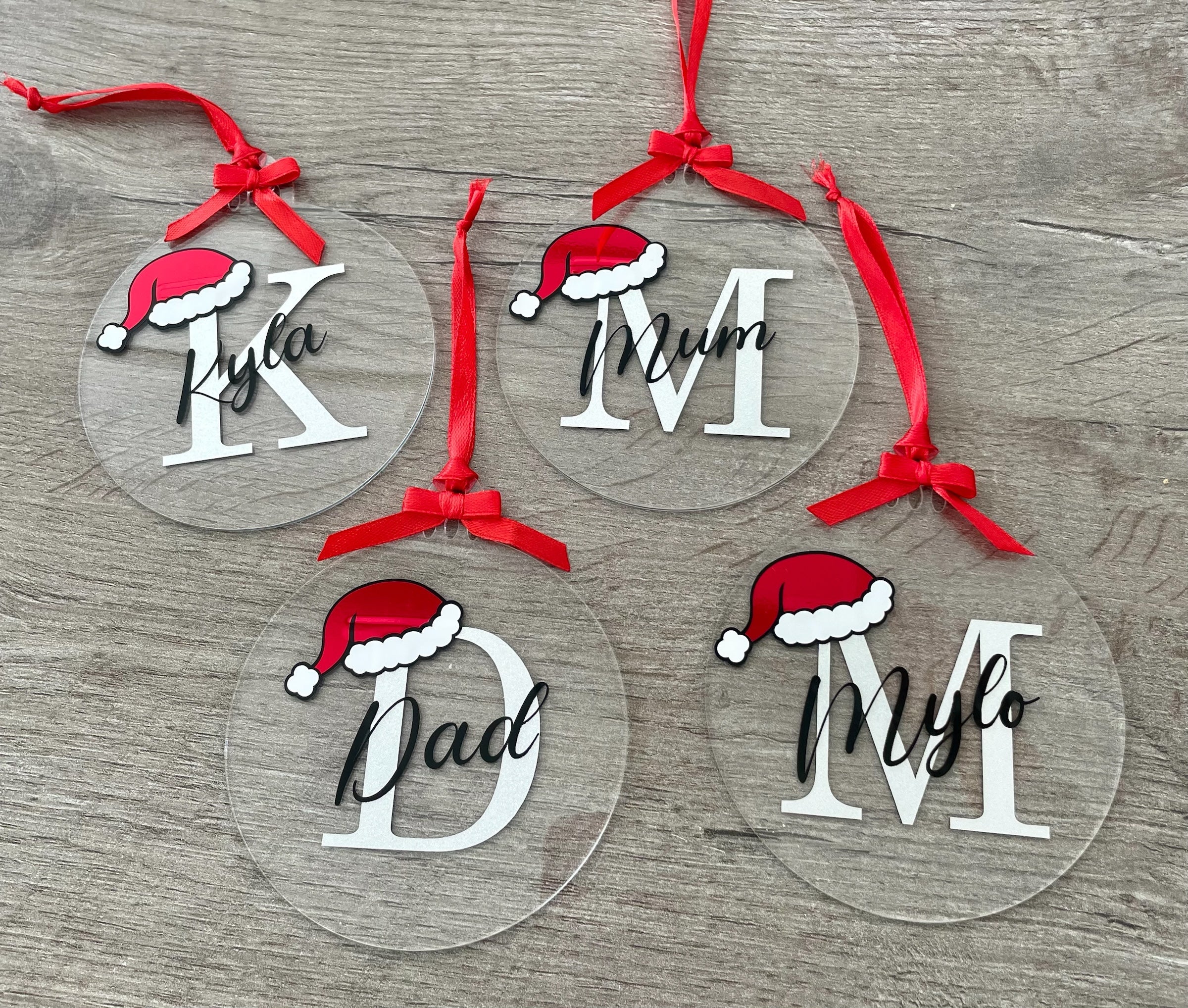 Personalised Initial Acrylic Christmas Bauble with Santa Hat | Custom Name Tree Decoration