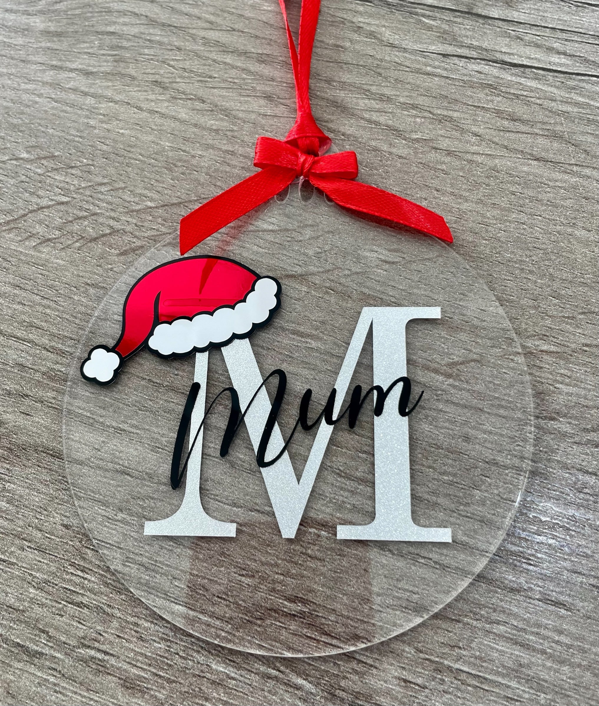 Personalised Initial Acrylic Christmas Bauble with Santa Hat | Custom Name Tree Decoration