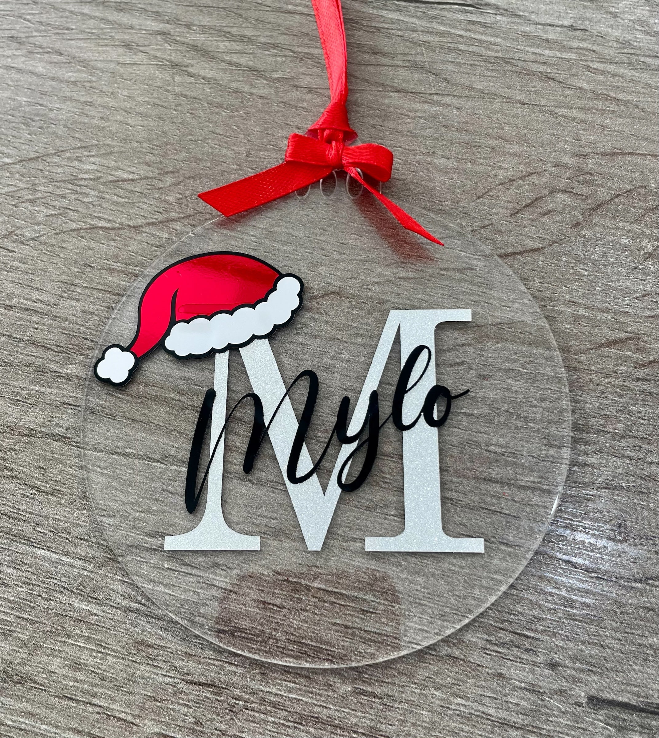 Personalised Initial Acrylic Christmas Bauble with Santa Hat | Custom Name Tree Decoration