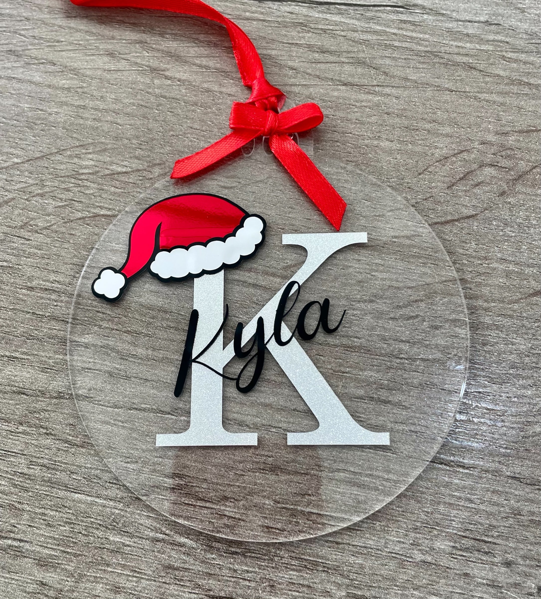 Personalised Initial Acrylic Christmas Bauble with Santa Hat | Custom Name Tree Decoration