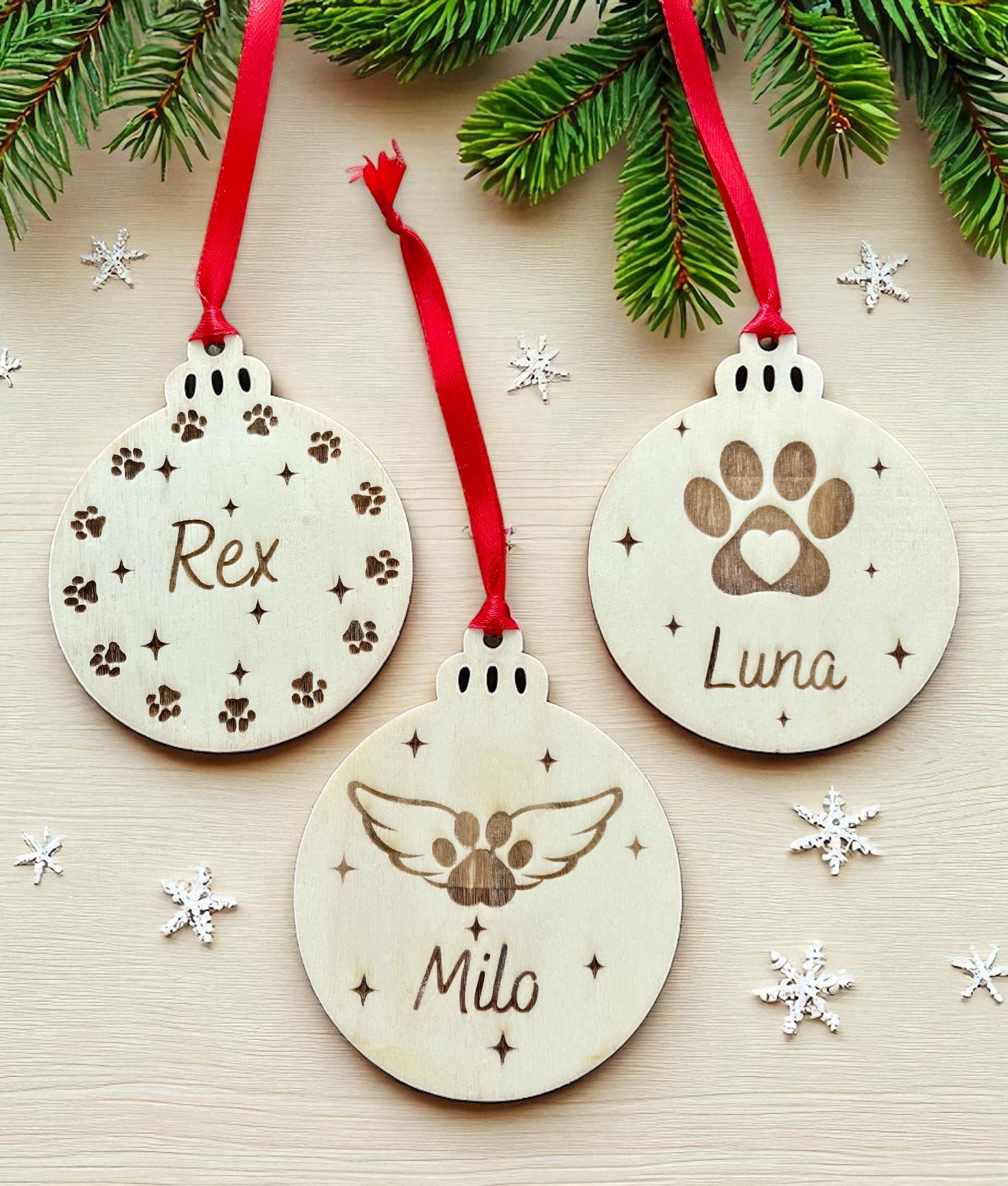 Personalised Pet Christmas Bauble: Engraved Wooden Ornament, Pet Memorial