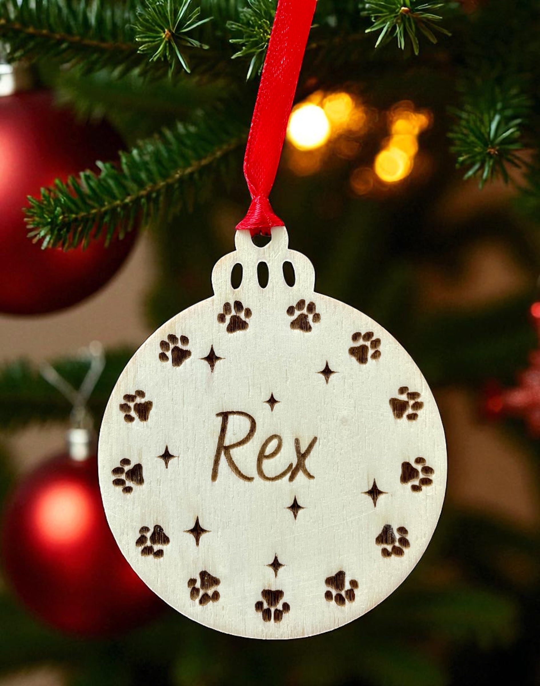 Personalised Pet Christmas Bauble: Engraved Wooden Ornament, Pet Memorial