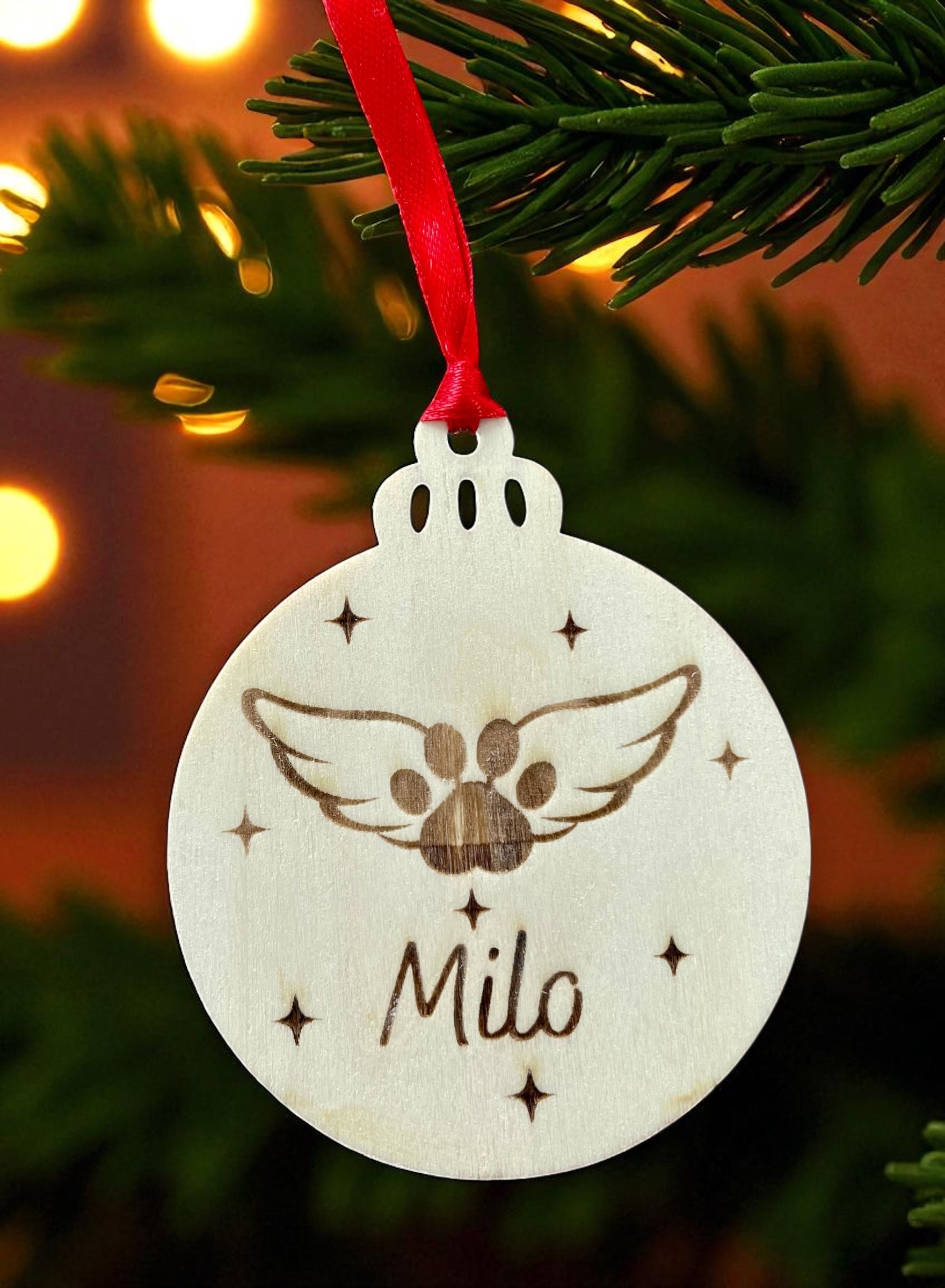 Personalised Pet Christmas Bauble: Engraved Wooden Ornament, Pet Memorial