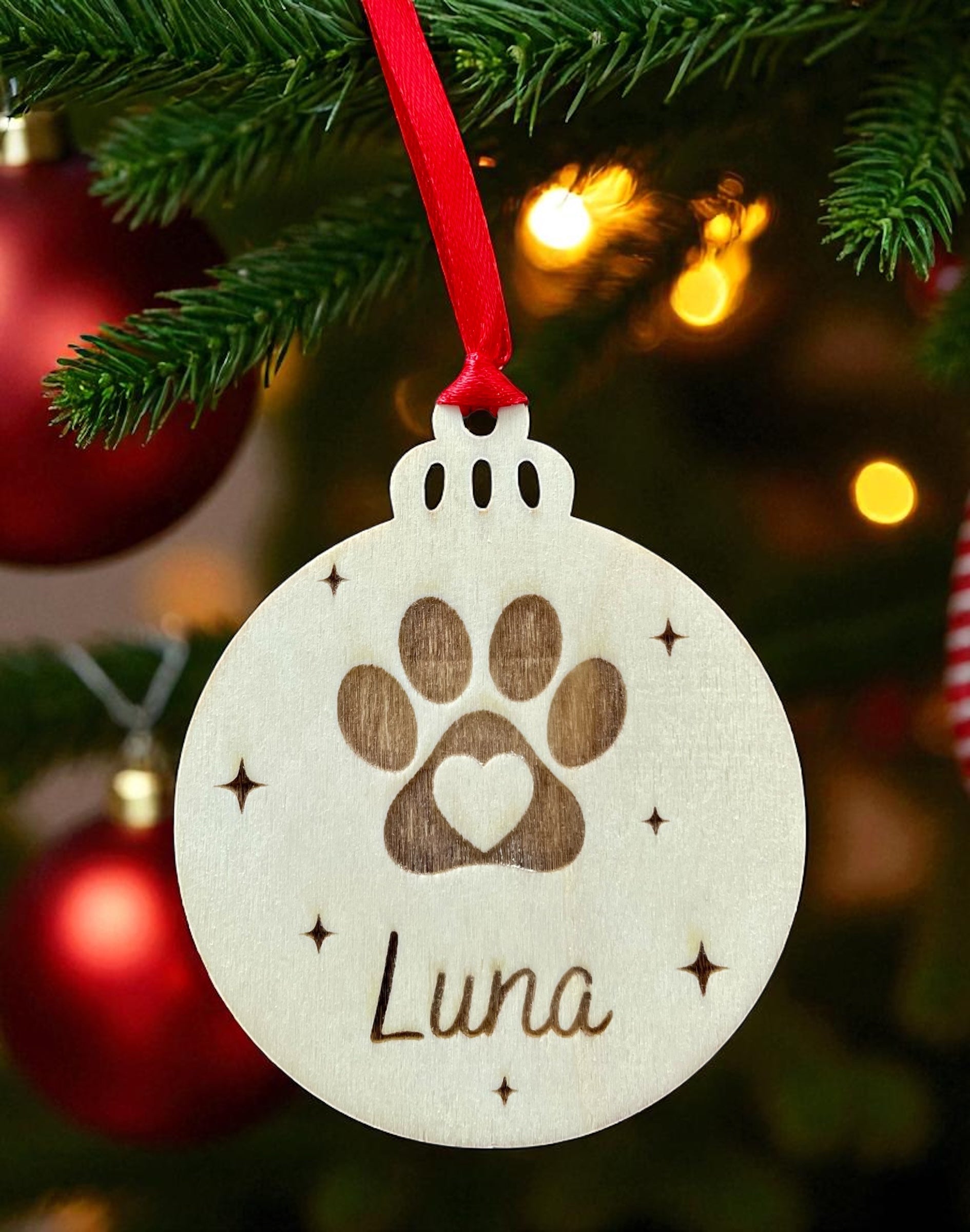 Personalised Pet Christmas Bauble: Engraved Wooden Ornament, Pet Memorial