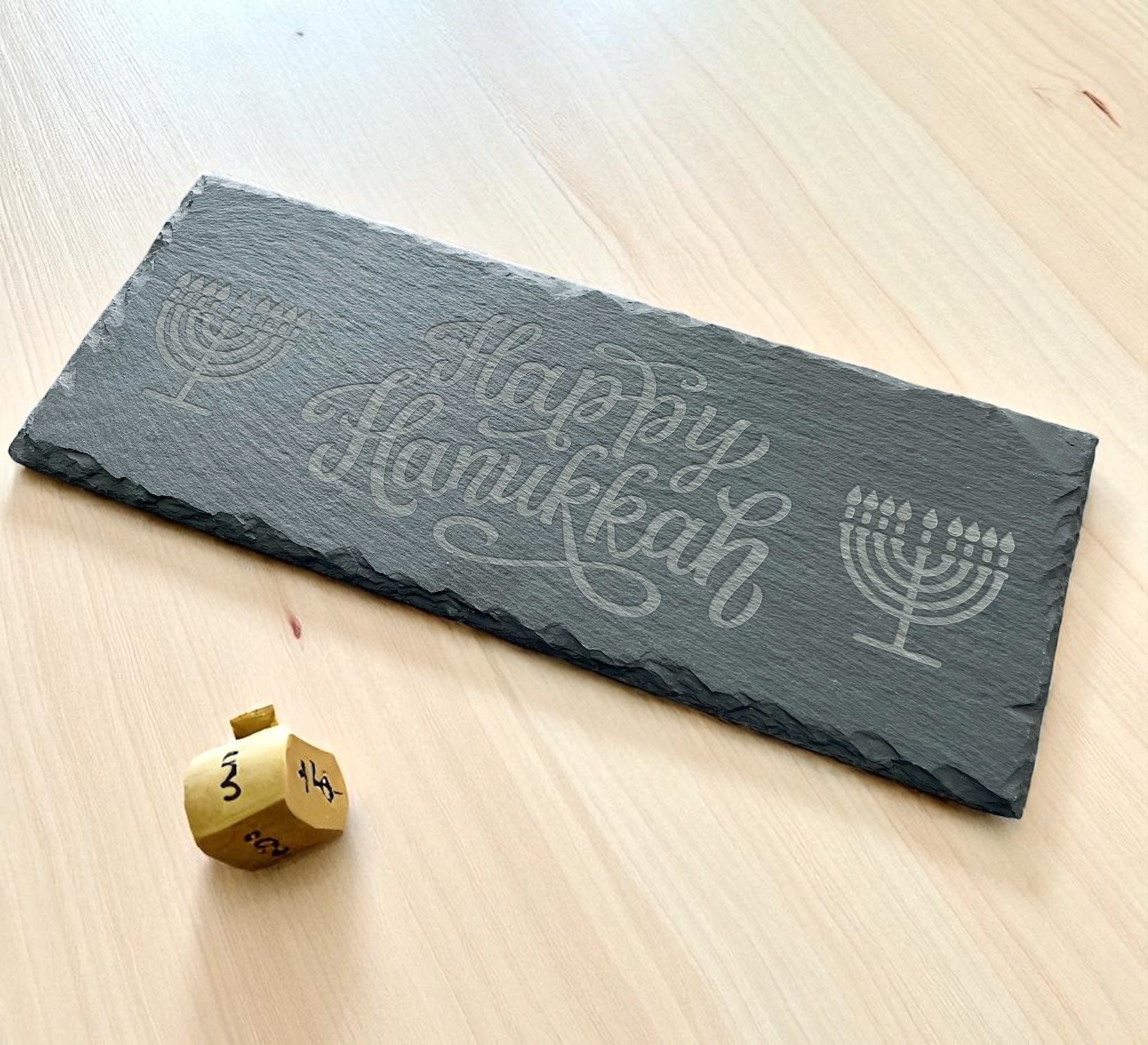 Happy Hanukkah Slate Serving Board | Engraved Menorah Cheese & Treat Tray
