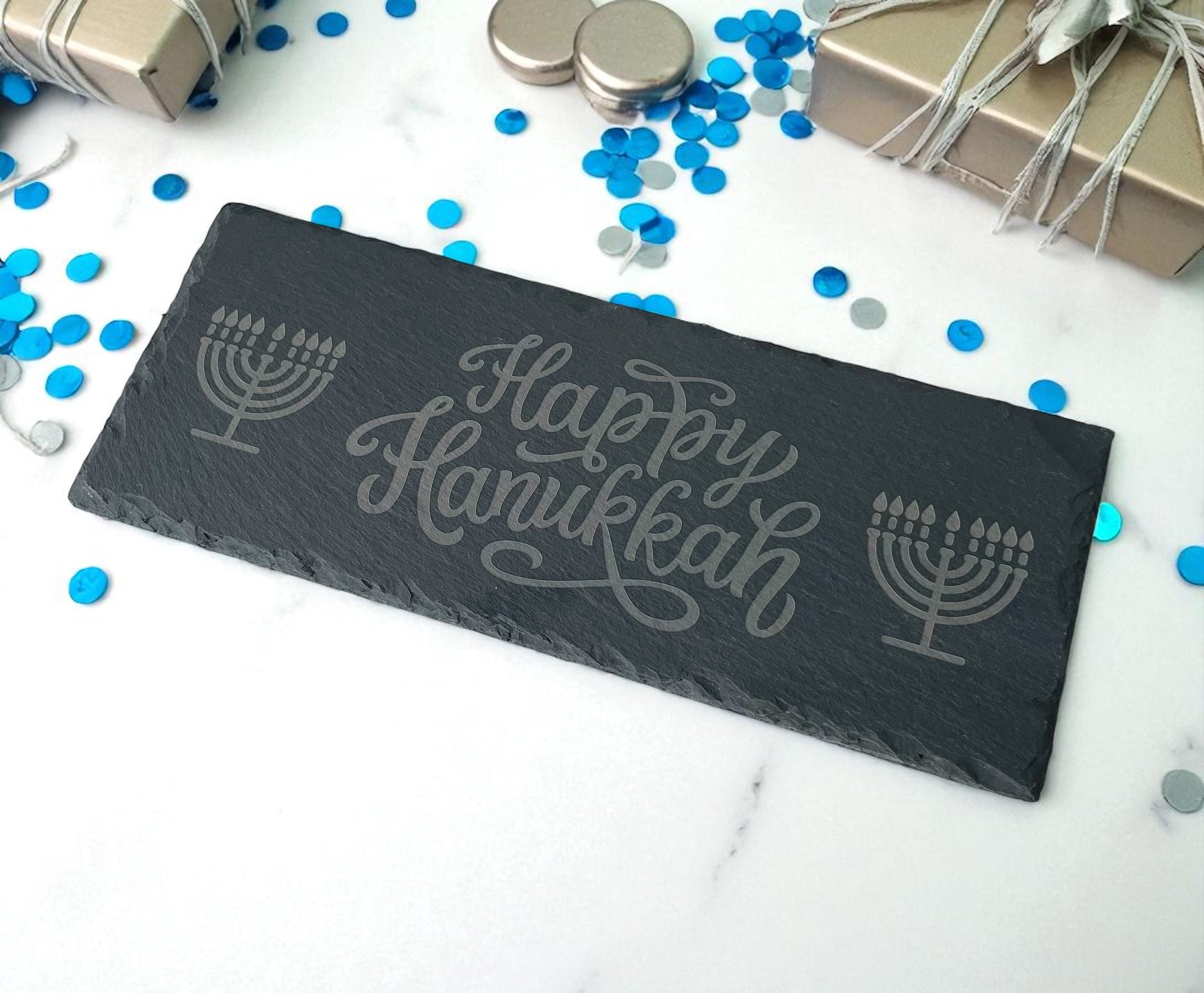 Happy Hanukkah Slate Serving Board | Engraved Menorah Cheese & Treat Tray