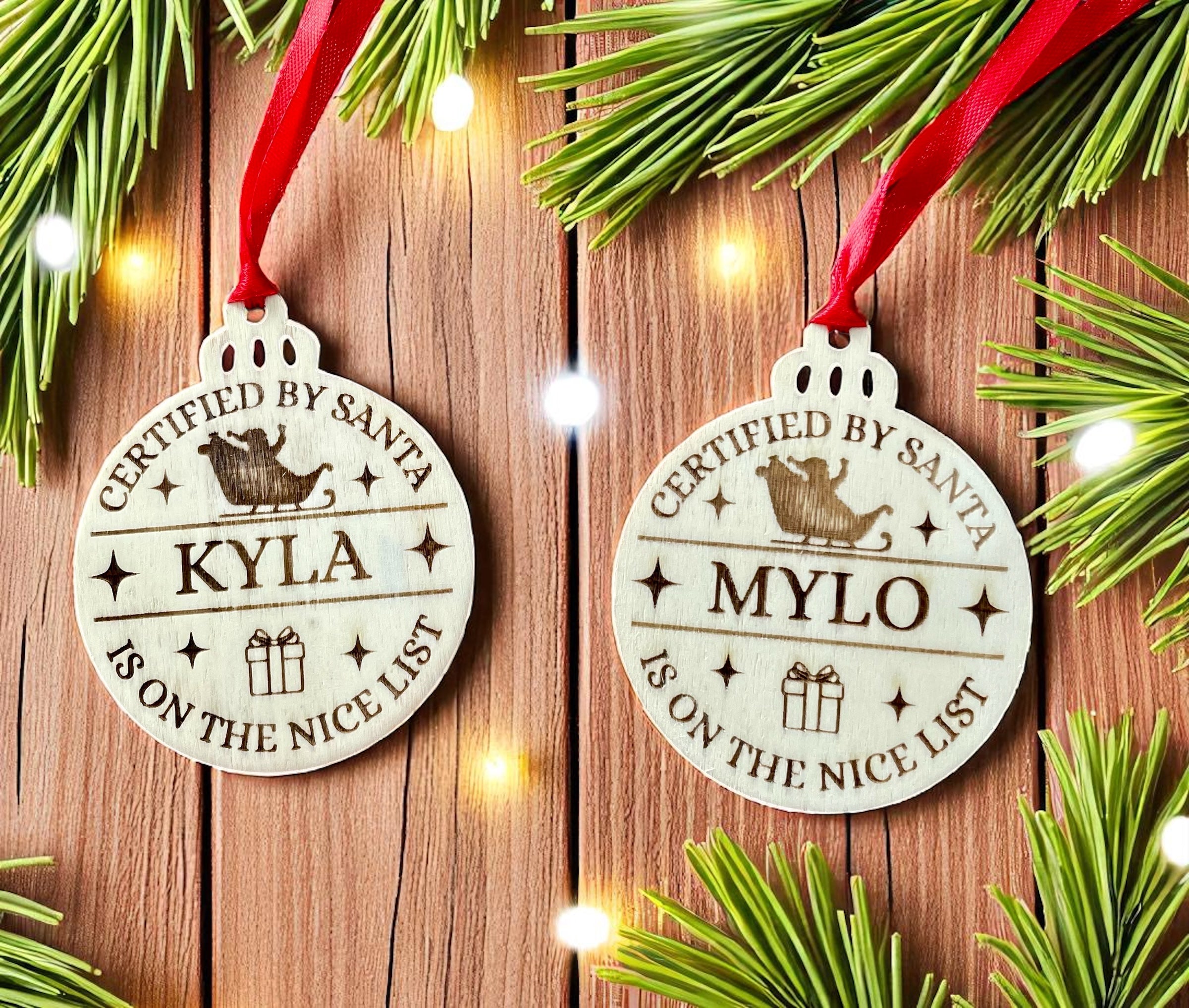 Personalised Santa's Nice List Bauble: Engraved Wood Christmas decoration