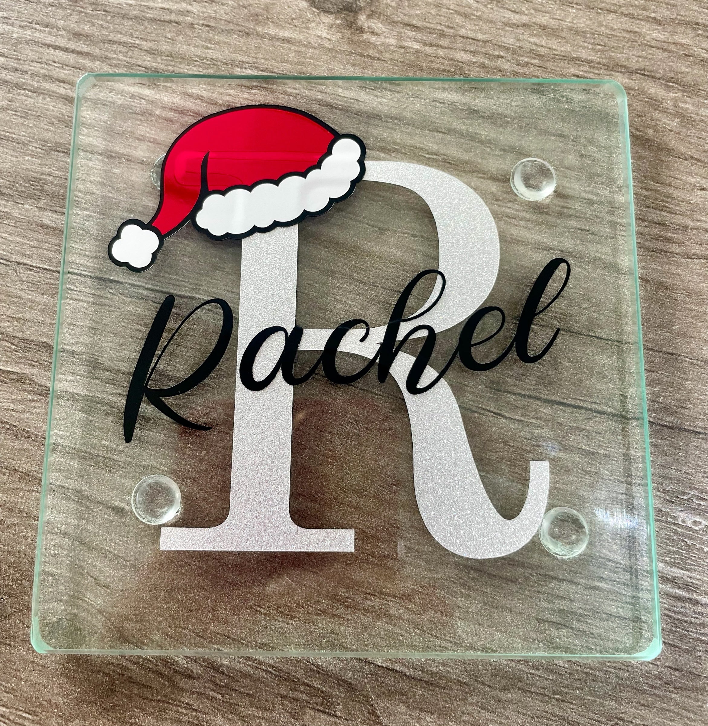 Personalised Christmas Initial Glass Coaster with Santa Hat – Red or Silver Glitter