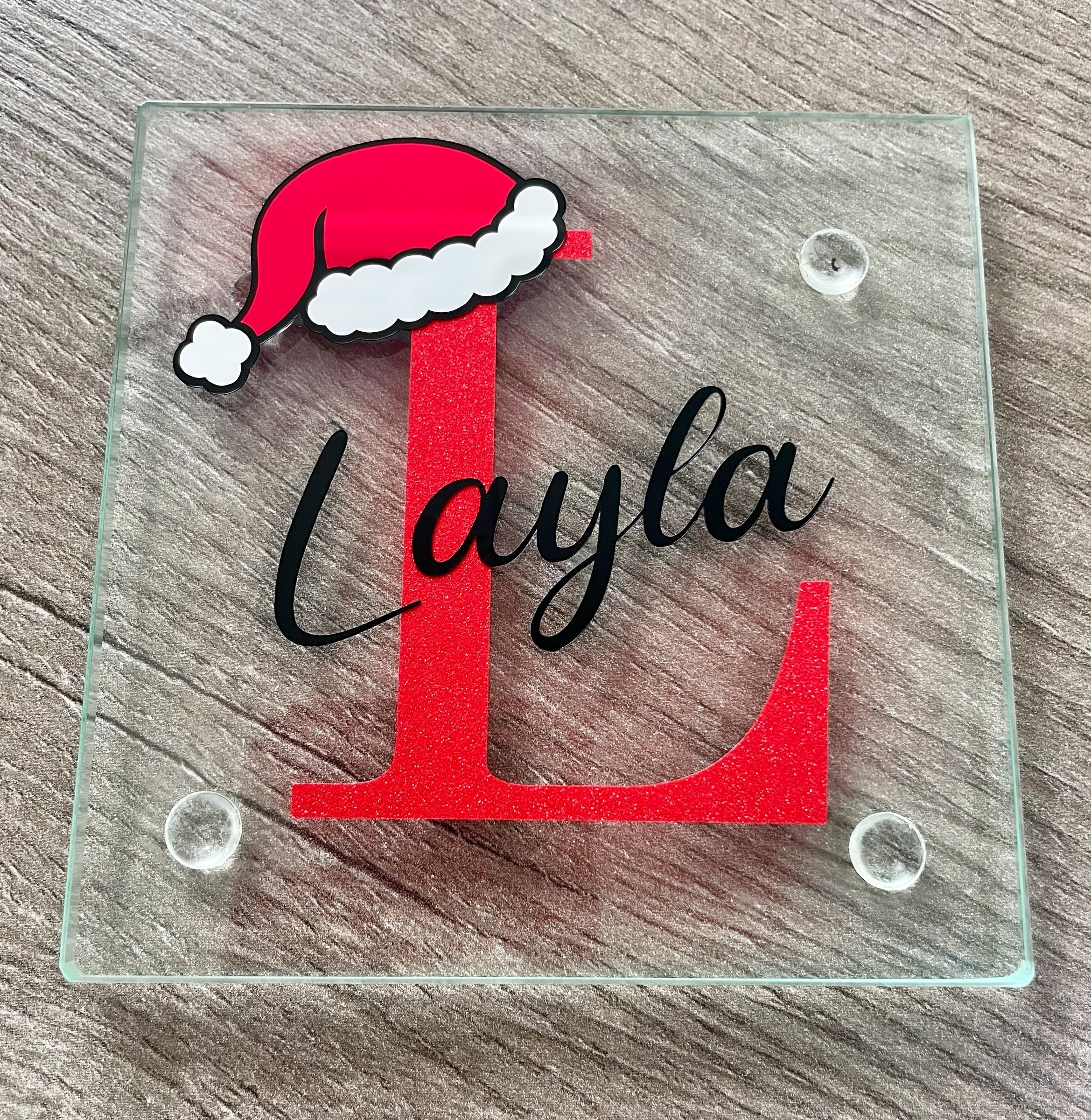 Personalised Christmas Initial Glass Coaster with Santa Hat – Red or Silver Glitter