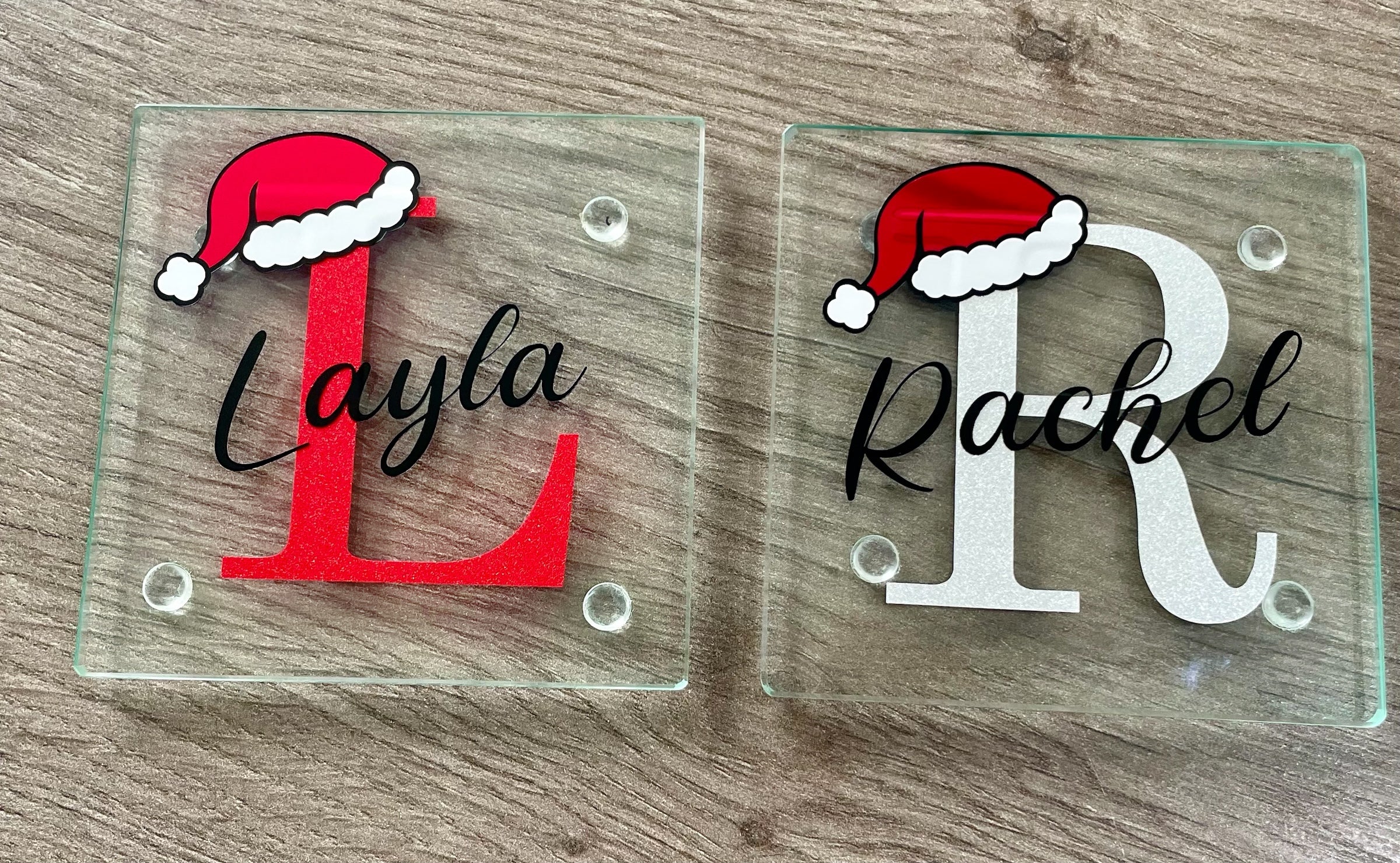 Personalised Christmas Initial Glass Coaster with Santa Hat – Red or Silver Glitter
