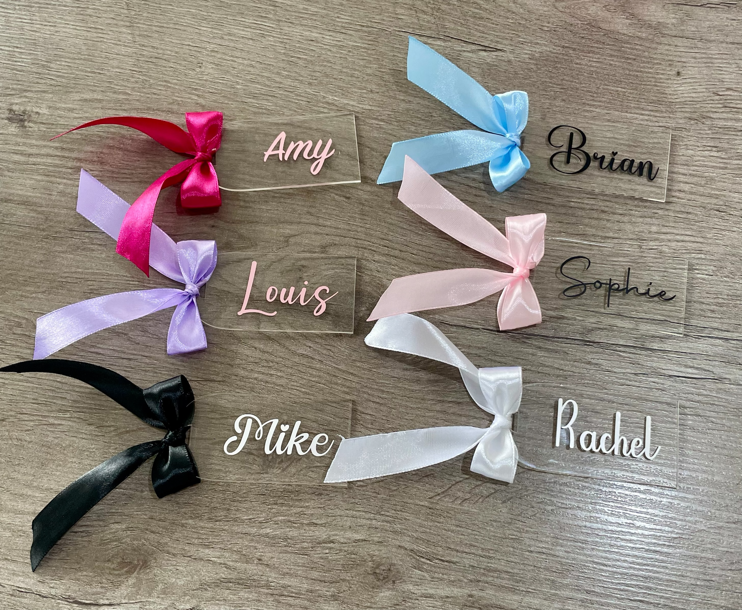 Personalised Acrylic Place Cards with Ribbon | Custom Name Tags for Weddings & Events