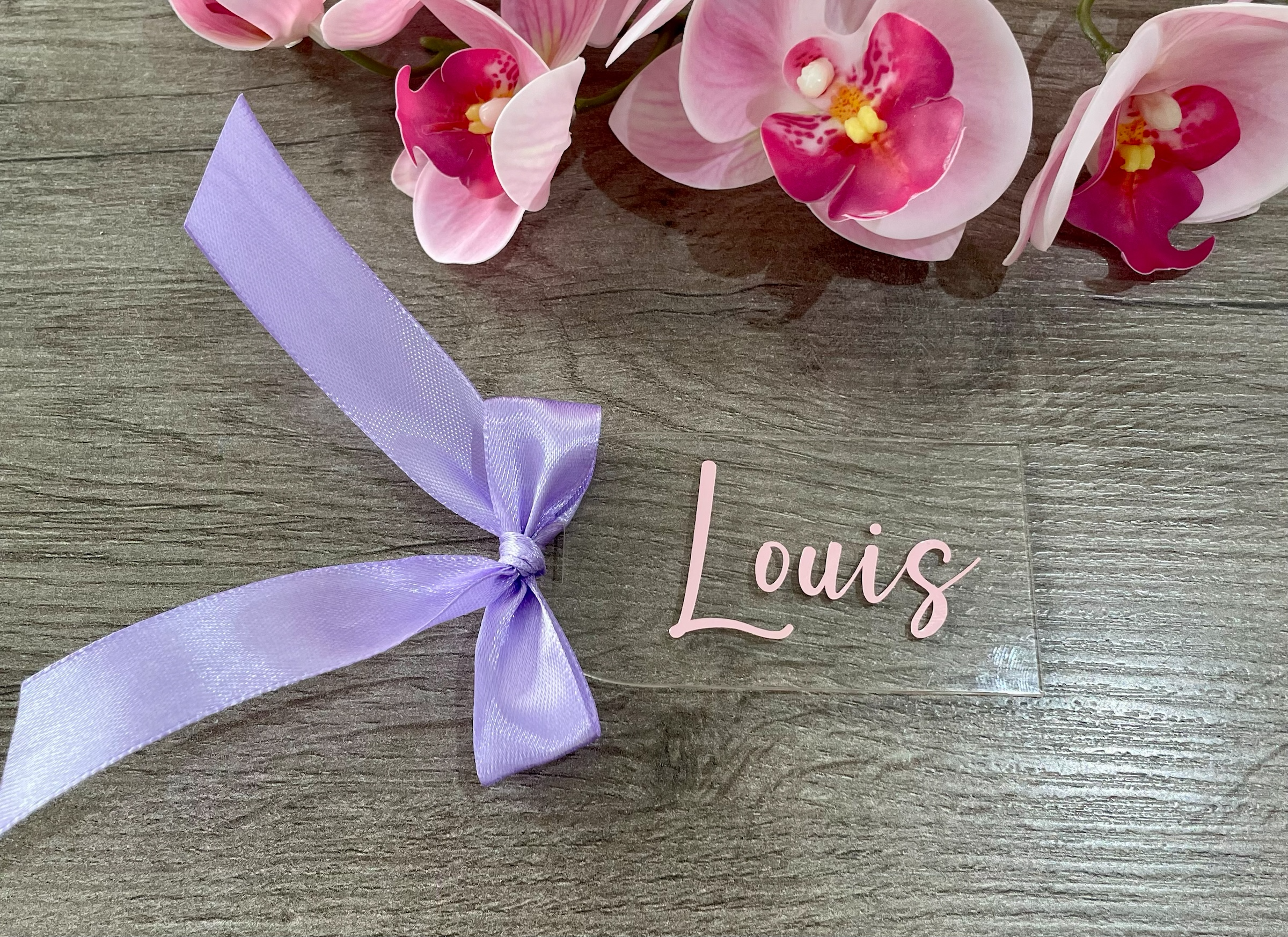 Personalised Acrylic Place Cards with Ribbon | Custom Name Tags for Weddings & Events