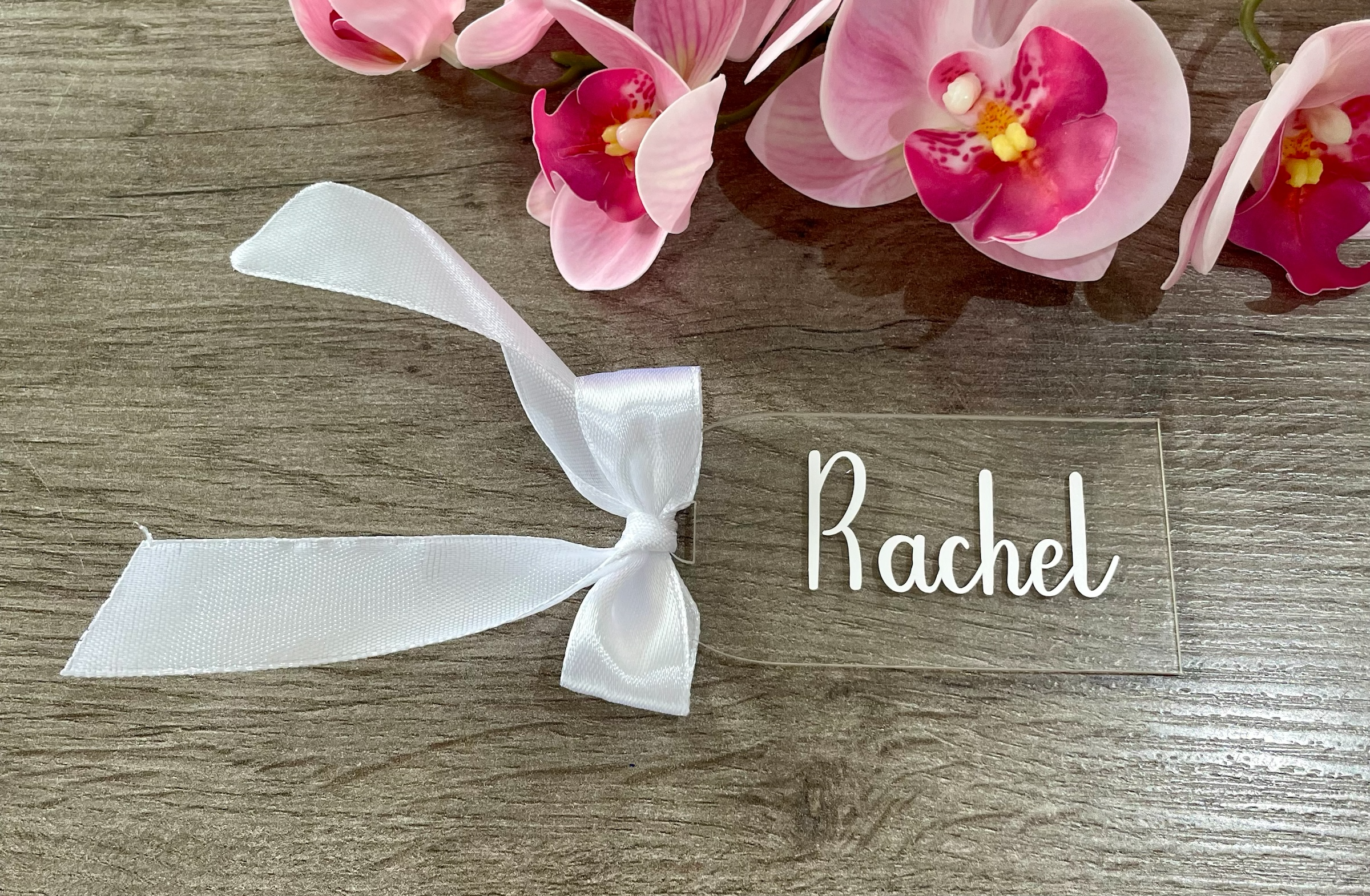 Personalised Acrylic Place Cards with Ribbon | Custom Name Tags for Weddings & Events