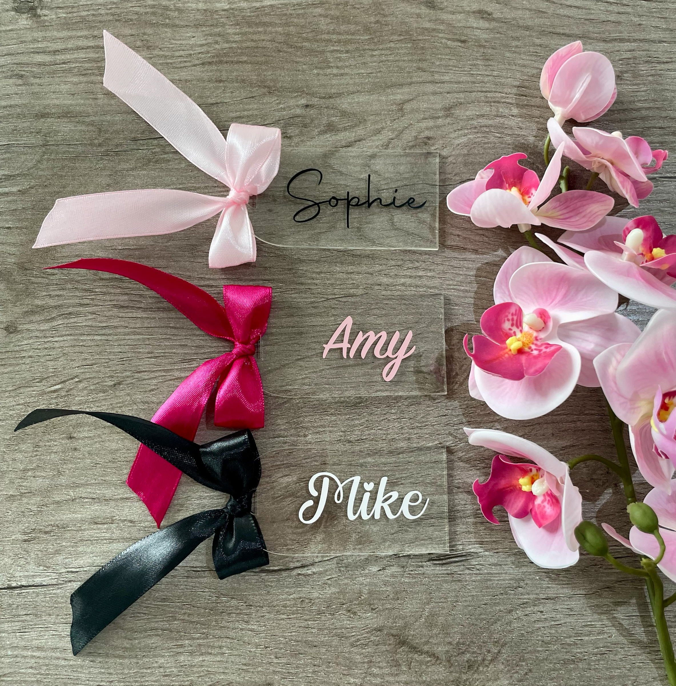 Personalised Acrylic Place Cards with Ribbon | Custom Name Tags for Weddings & Events