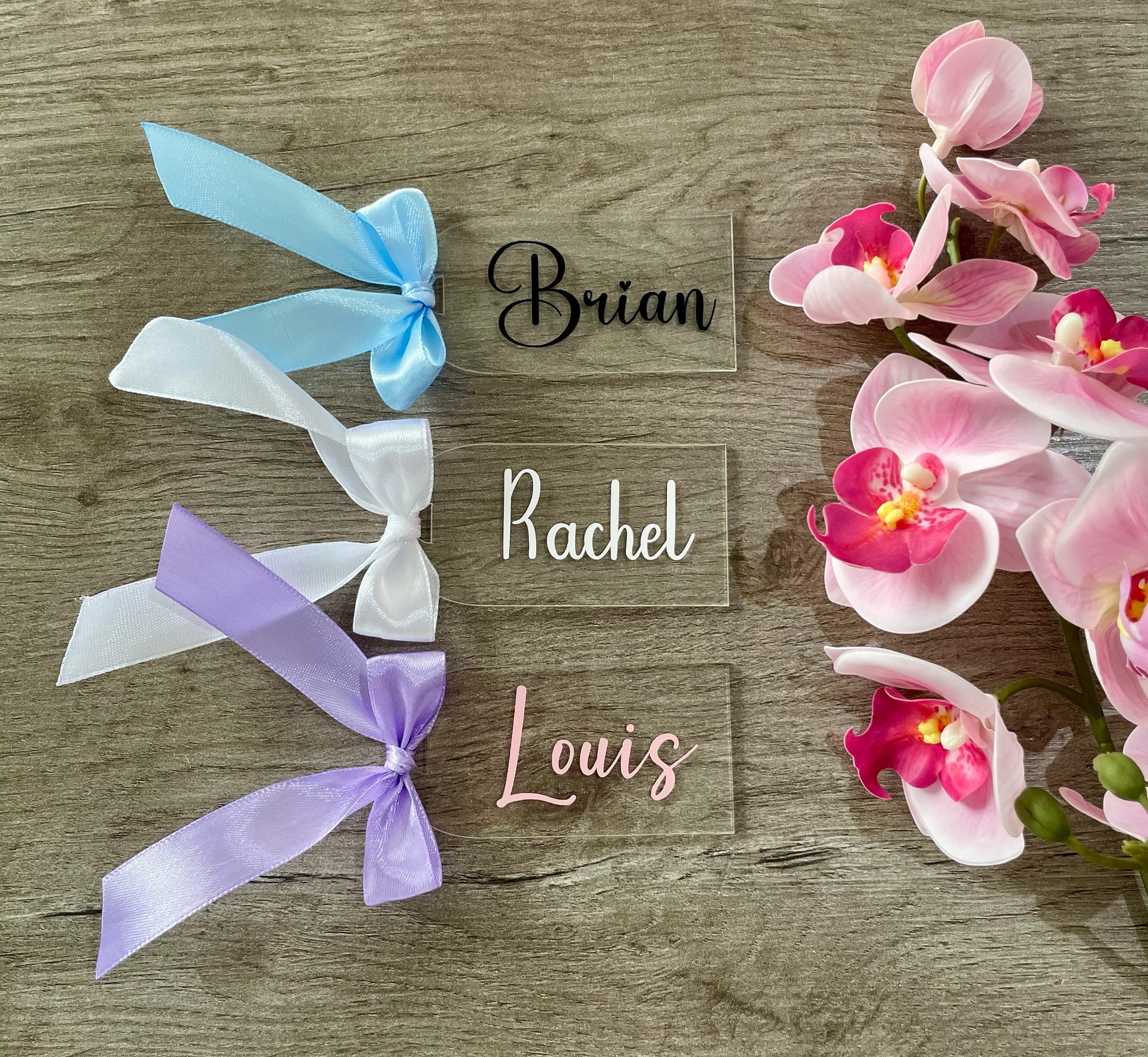 Personalised Acrylic Place Cards with Ribbon | Custom Name Tags for Weddings & Events