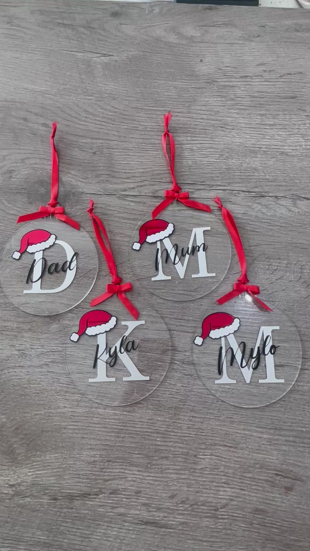 Personalised Initial Acrylic Christmas Bauble with Santa Hat | Custom Name Tree Decoration