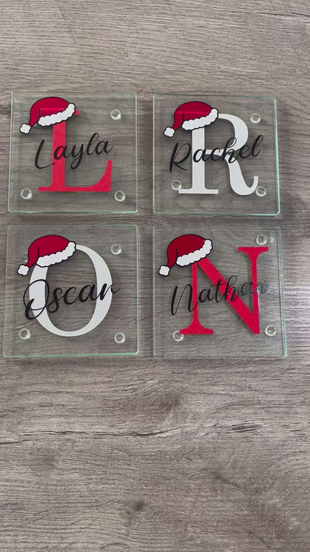 Personalised Christmas Initial Glass Coaster with Santa Hat – Red or Silver Glitter