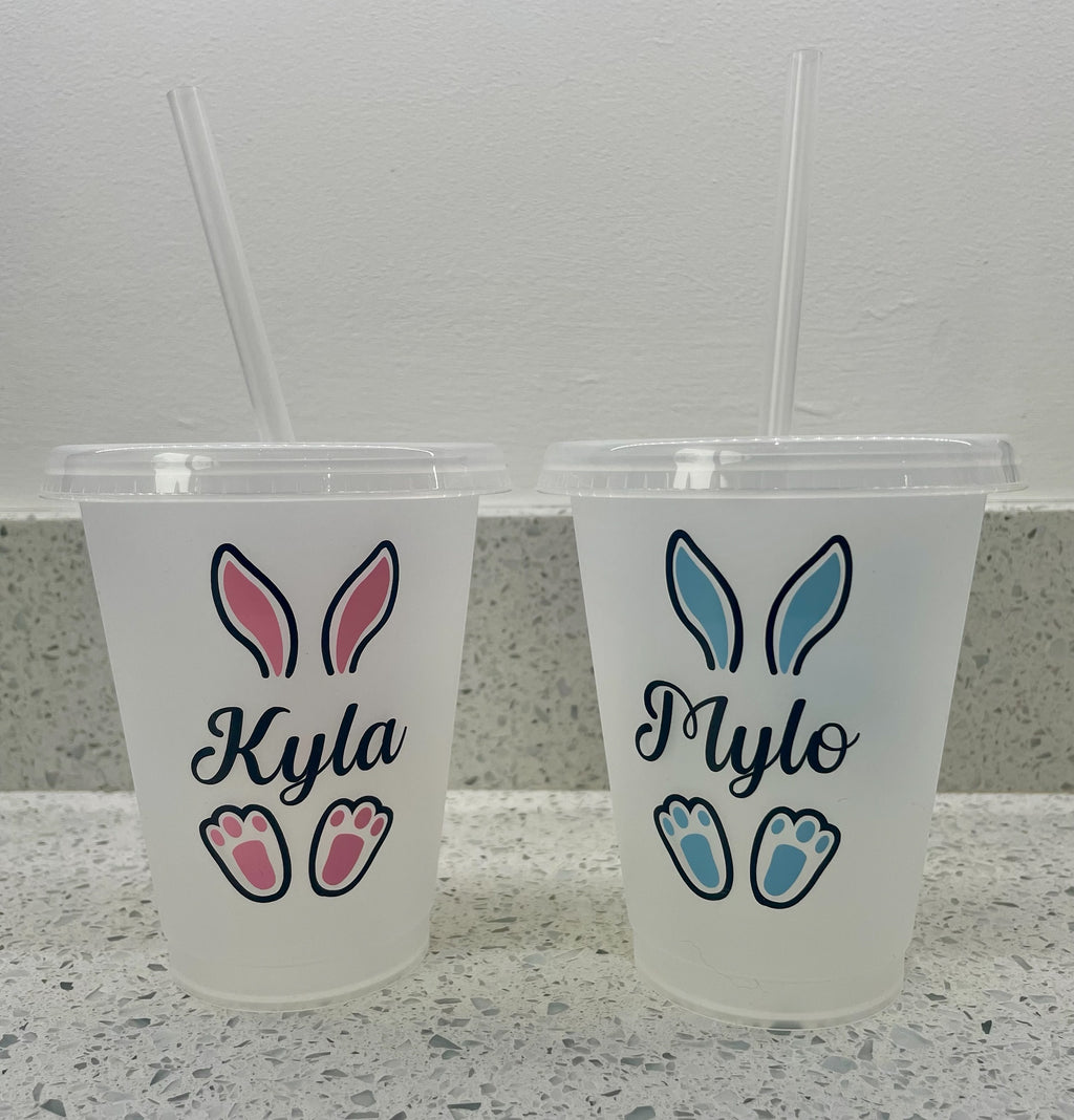 Personalised Easter Bunny Cold Cup – Custom Name 16oz Reusable Cup with Straw