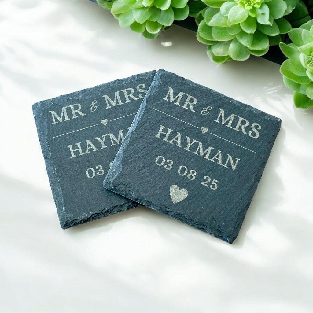 Personalised Engraved Slate Coasters | Custom Wedding & Anniversary Gift