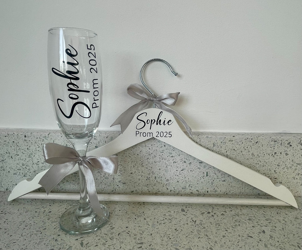 Personalised Prom Hanger & Champagne Flute Set – Custom Name & Year Keepsake Gift