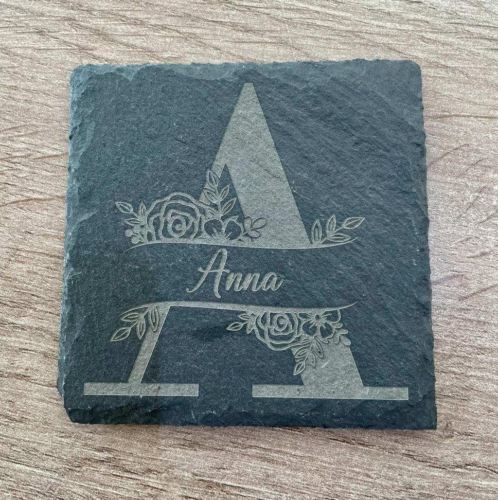 Personalised Monogram Slate Coaster – Custom Engraved Name Gift