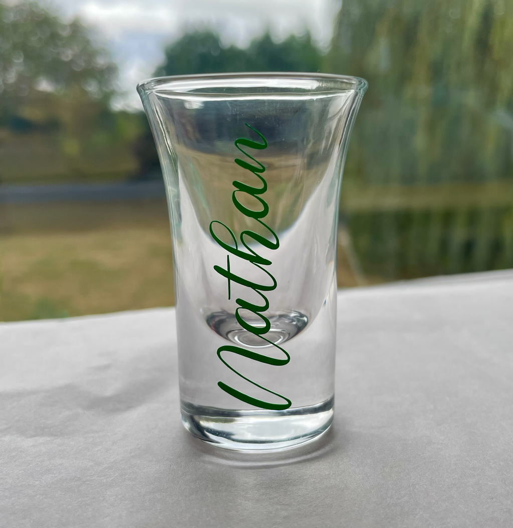 Personalised Name Shot Glass – Custom Gift with Any Name & Vinyl Colour Option