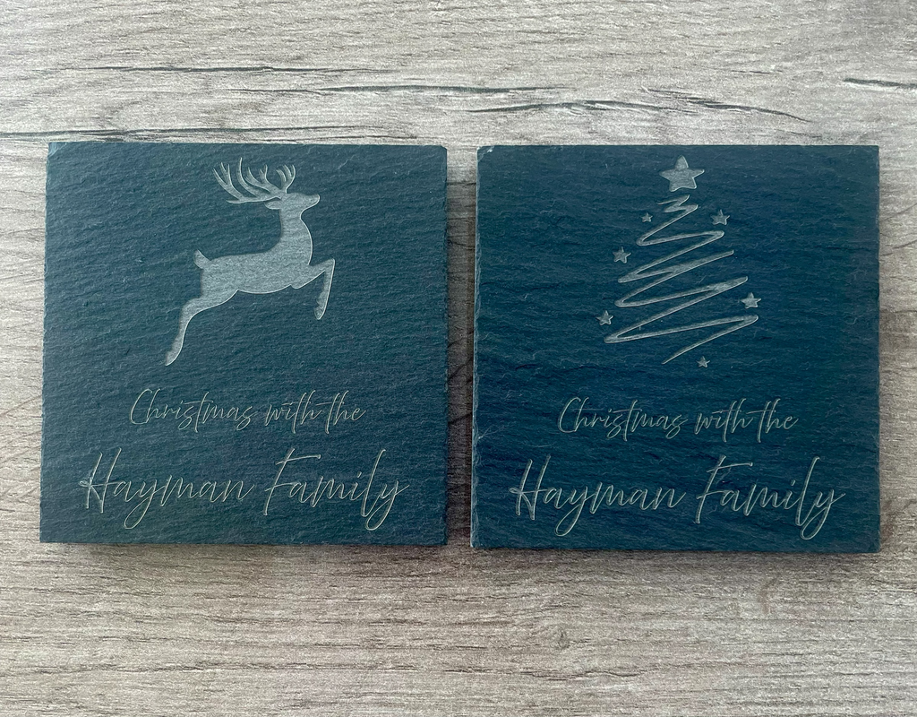 Personalised Family Christmas Slate Coasters: Engraved Table Decor