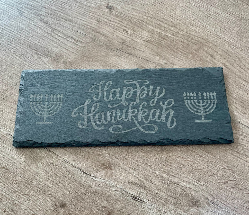Happy Hanukkah Slate Serving Board | Engraved Menorah Cheese & Treat Tray