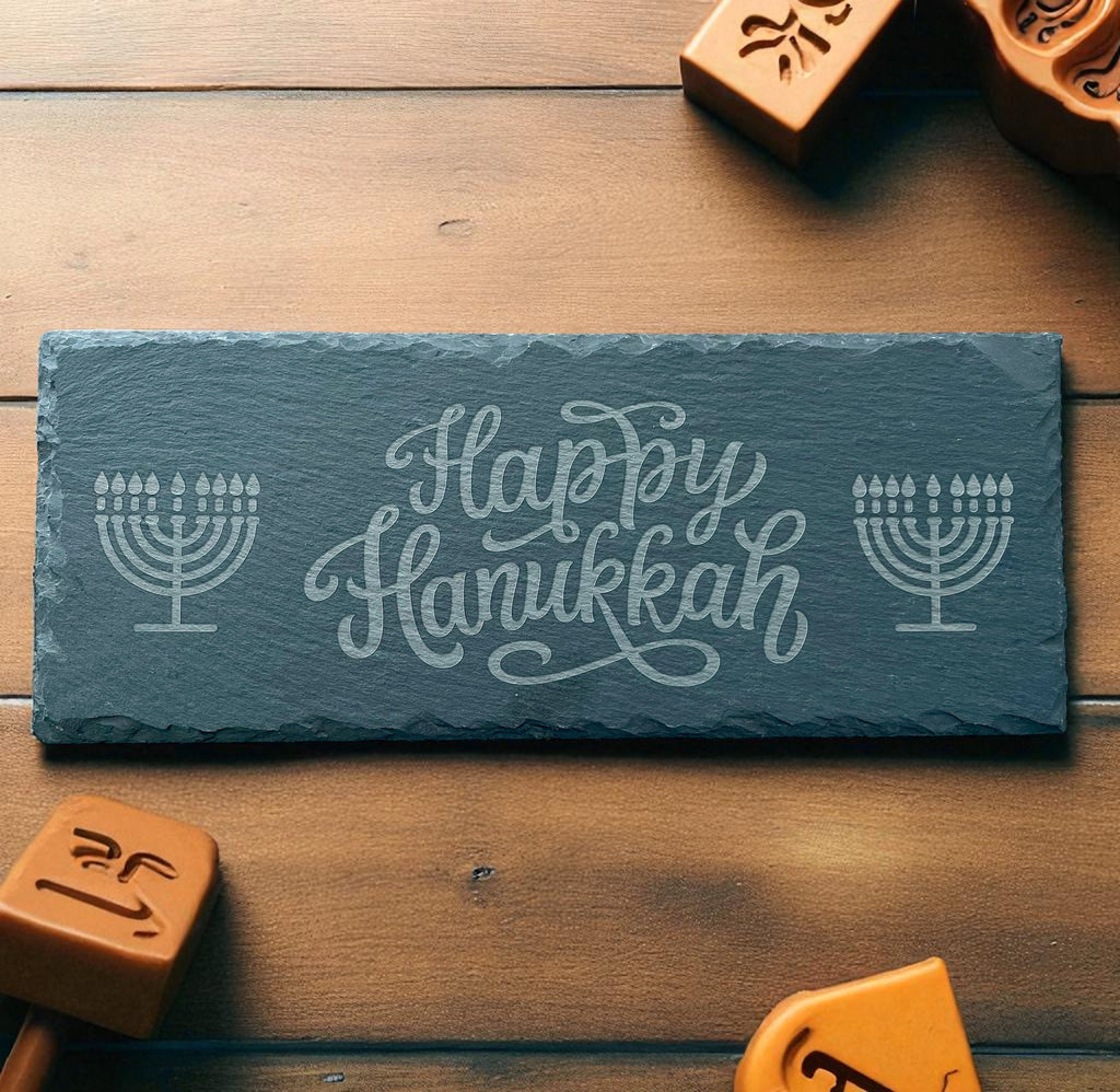 Happy Hanukkah Slate Serving Board | Engraved Menorah Cheese & Treat Tray