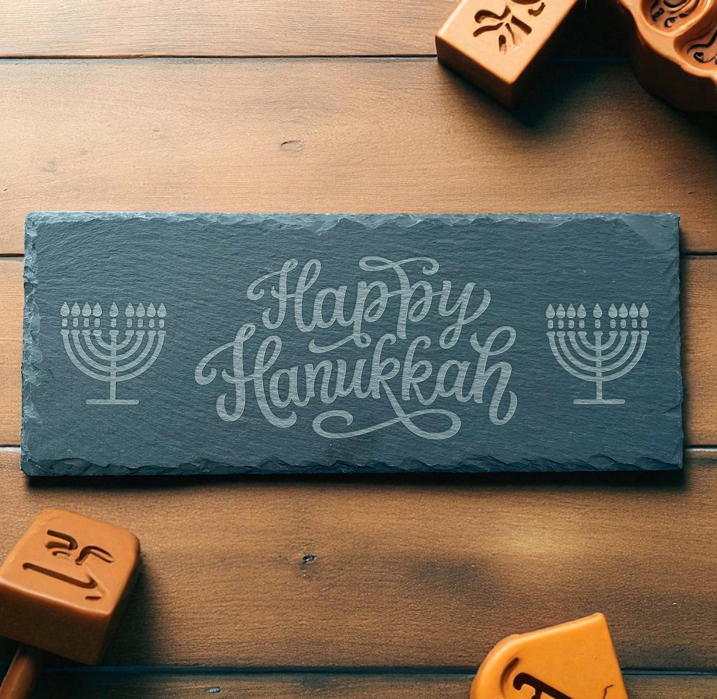 Happy Hanukkah Slate Serving Board | Engraved Menorah Cheese & Treat Tray