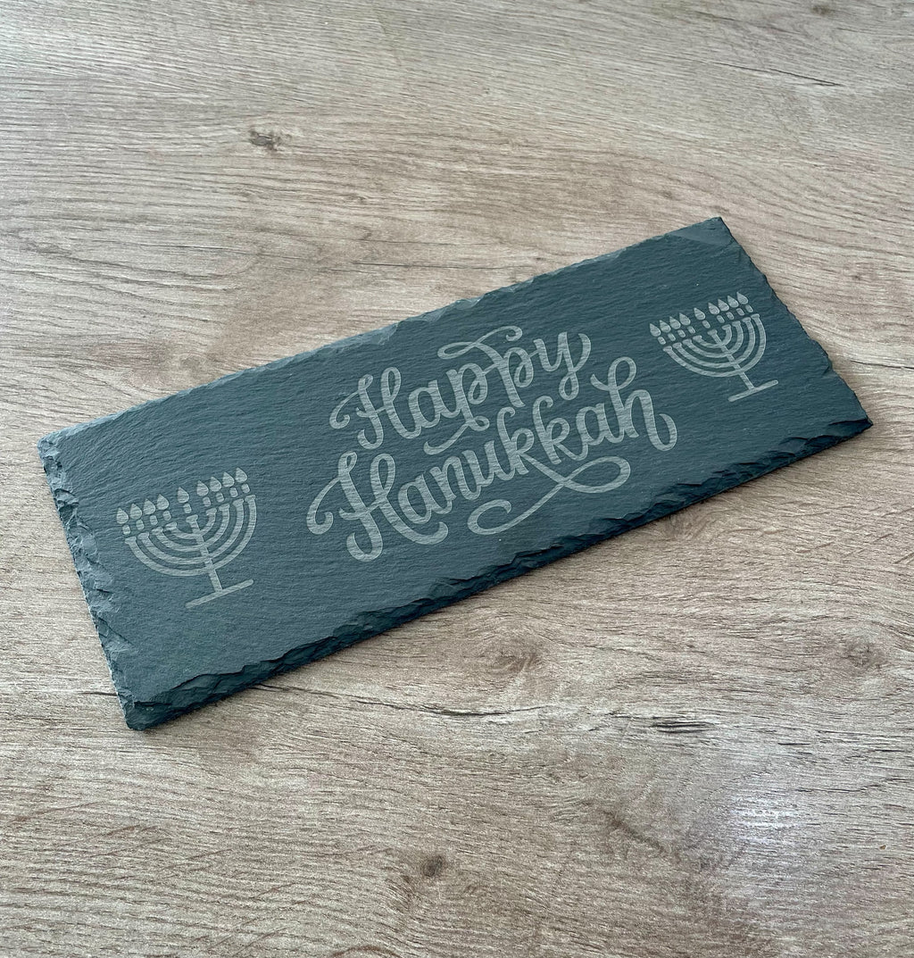Happy Hanukkah Slate Serving Board | Engraved Menorah Cheese & Treat Tray