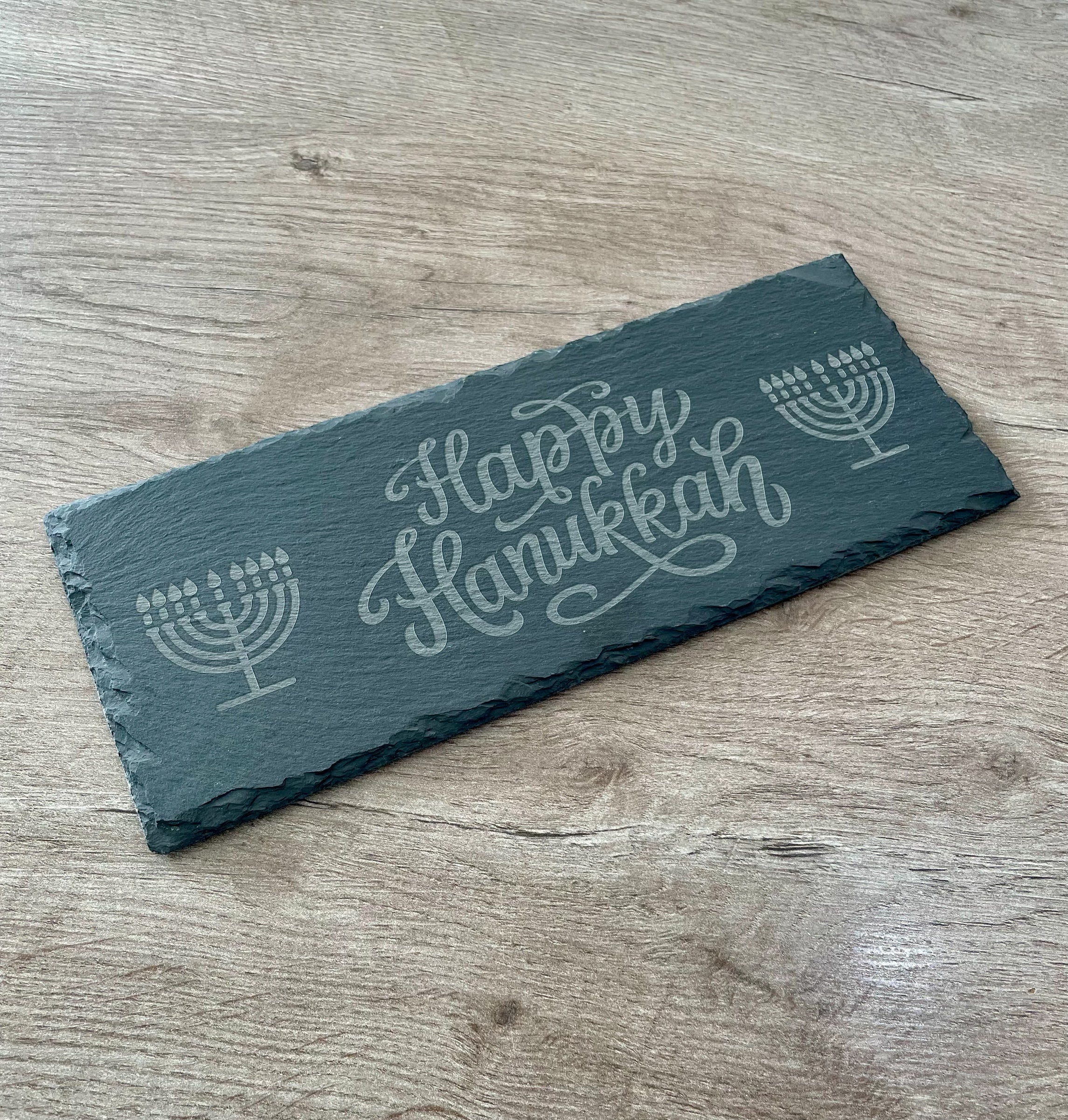 Happy Hanukkah Slate Serving Board | Engraved Menorah Cheese & Treat Tray