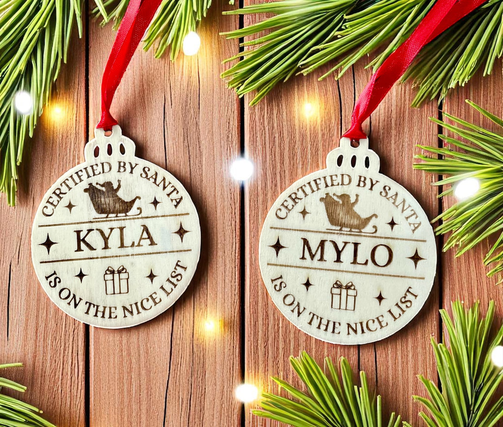 Personalised Santa's Nice List Bauble: Engraved Wood Christmas decoration