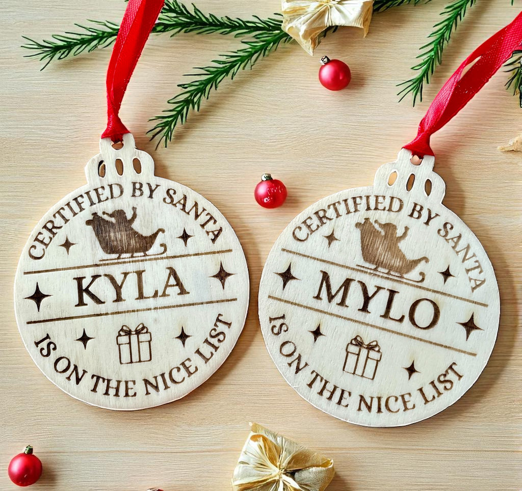 Personalised Santa's Nice List Bauble: Engraved Wood Christmas decoration