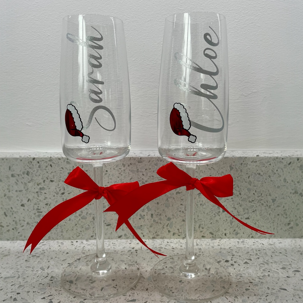 Personalised Christmas Champagne Glass with Name & Santa Hat