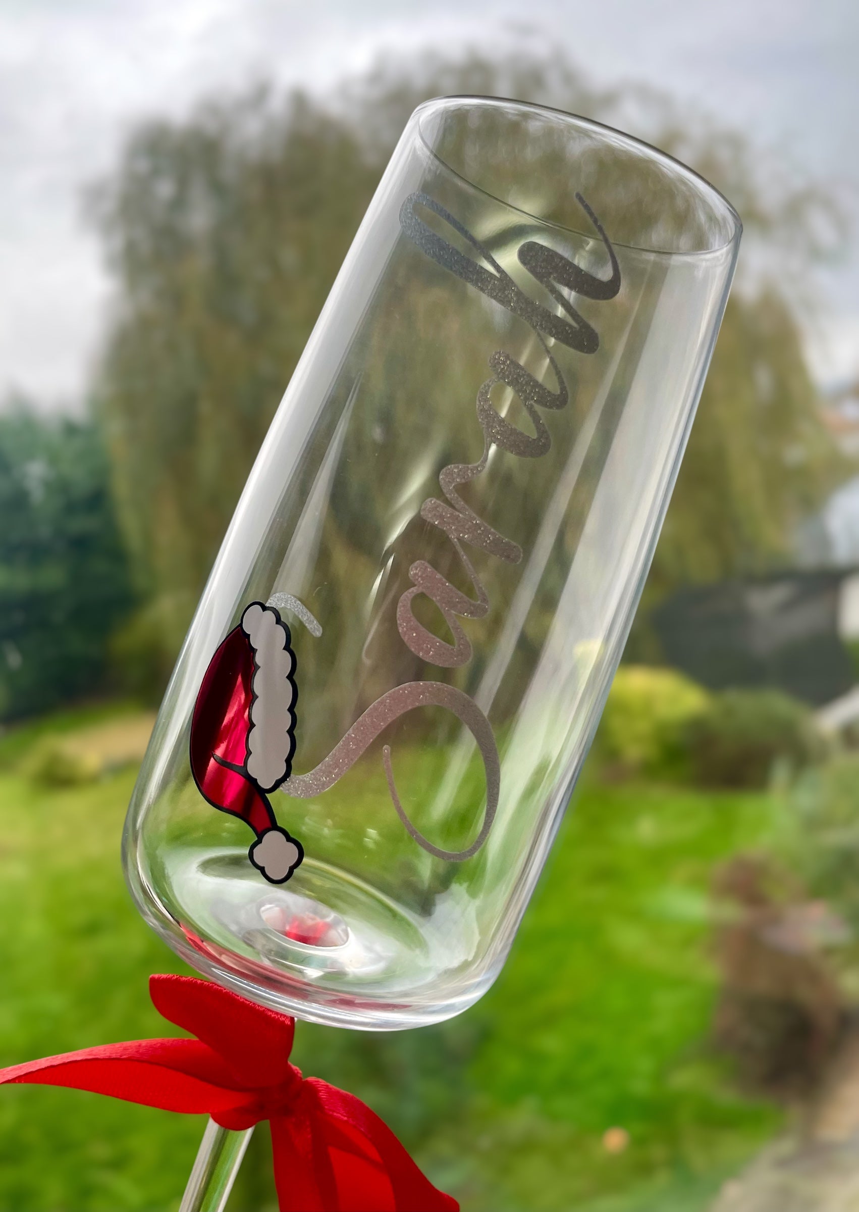 Personalised Christmas Champagne Glass with Name & Santa Hat