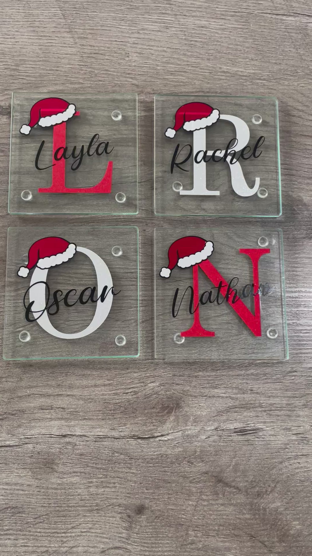 Personalised Christmas Initial Glass Coaster with Santa Hat – Red or Silver Glitter
